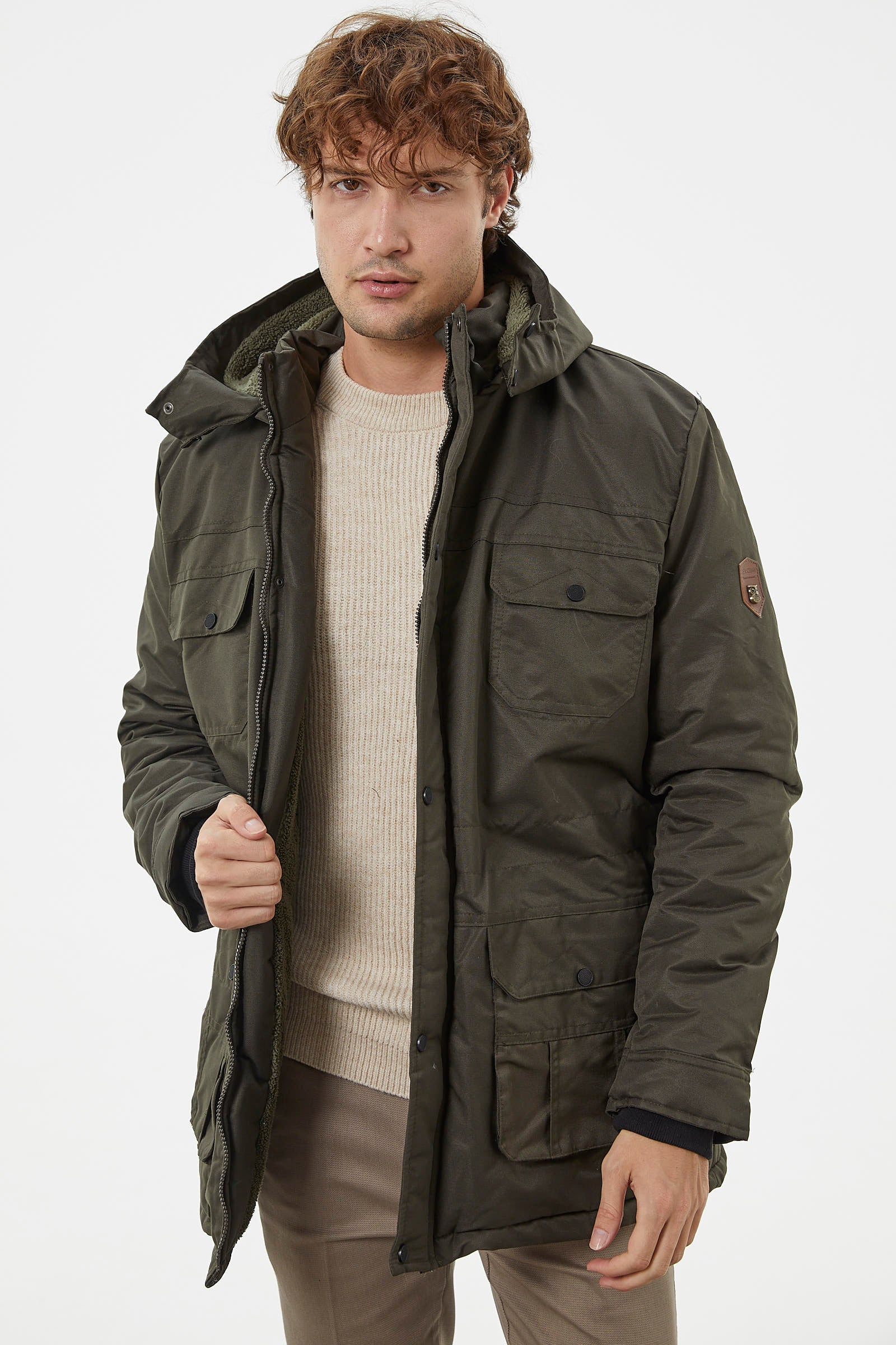 Büyük Beden İçi Pelüş Cepli Mont - Haki (2) Sementa