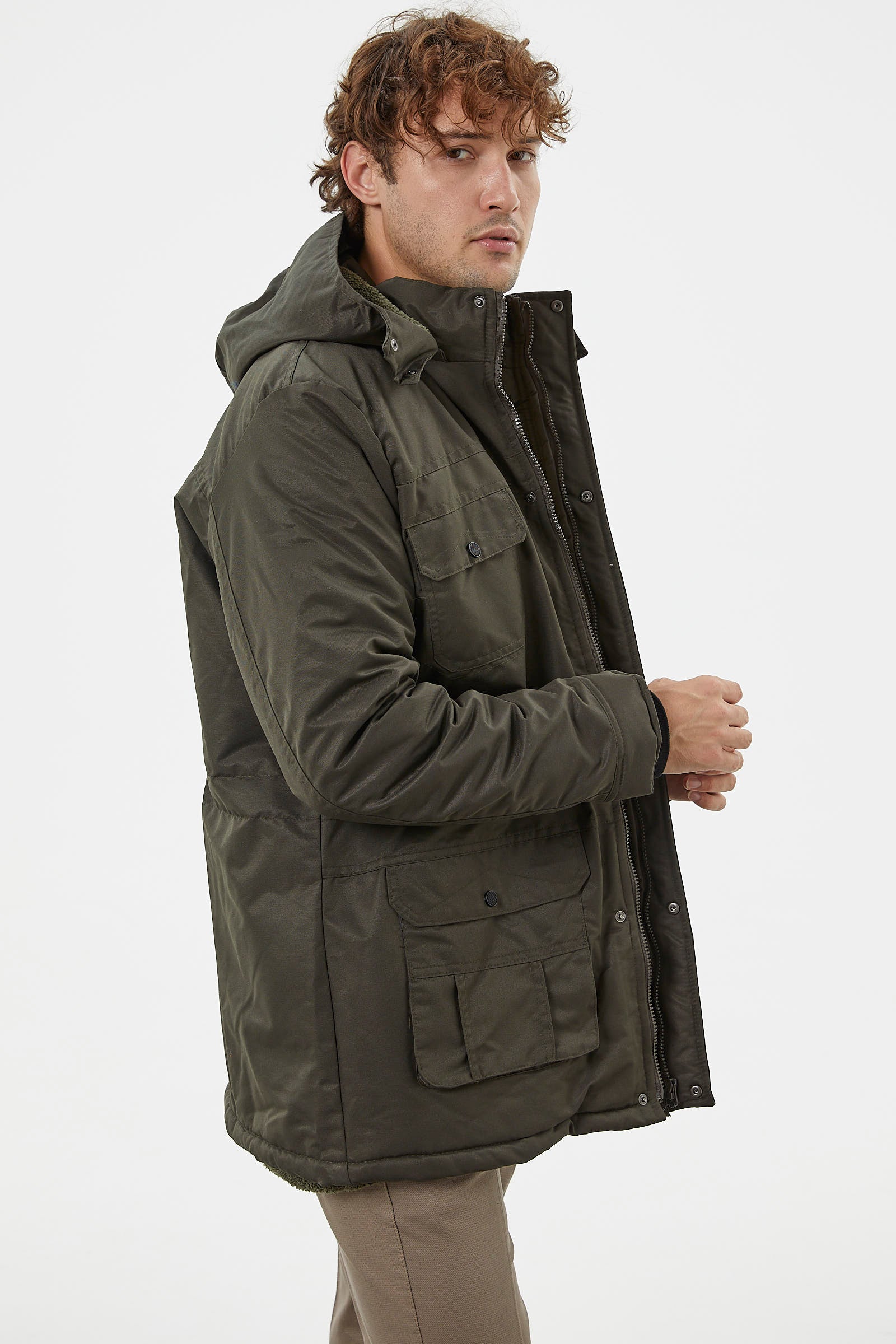 Büyük Beden İçi Pelüş Cepli Mont - Haki (4) Sementa