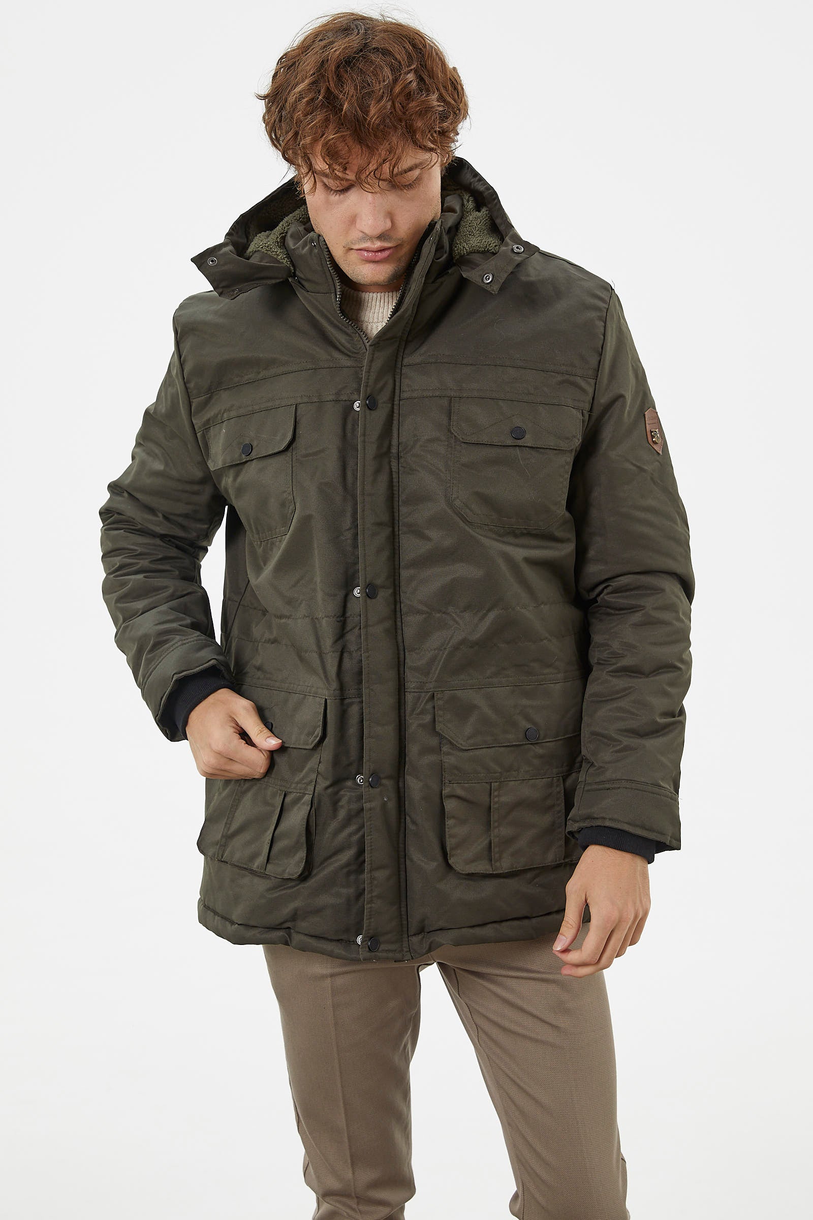 Büyük Beden İçi Pelüş Cepli Mont - Haki (3) Sementa