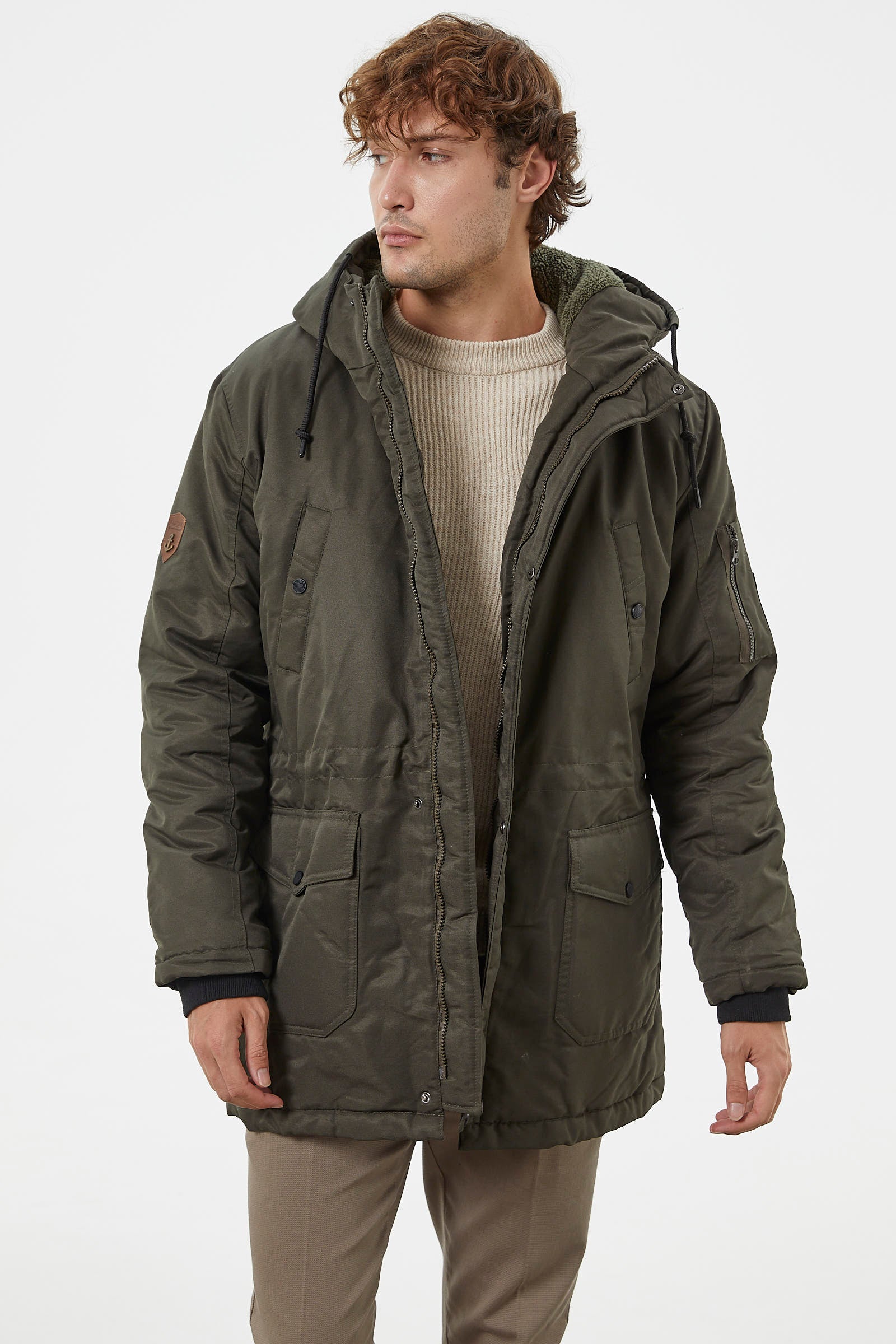 Büyük Beden İçi Pelüş Kapüşonlu Mont - Haki (2) Sementa