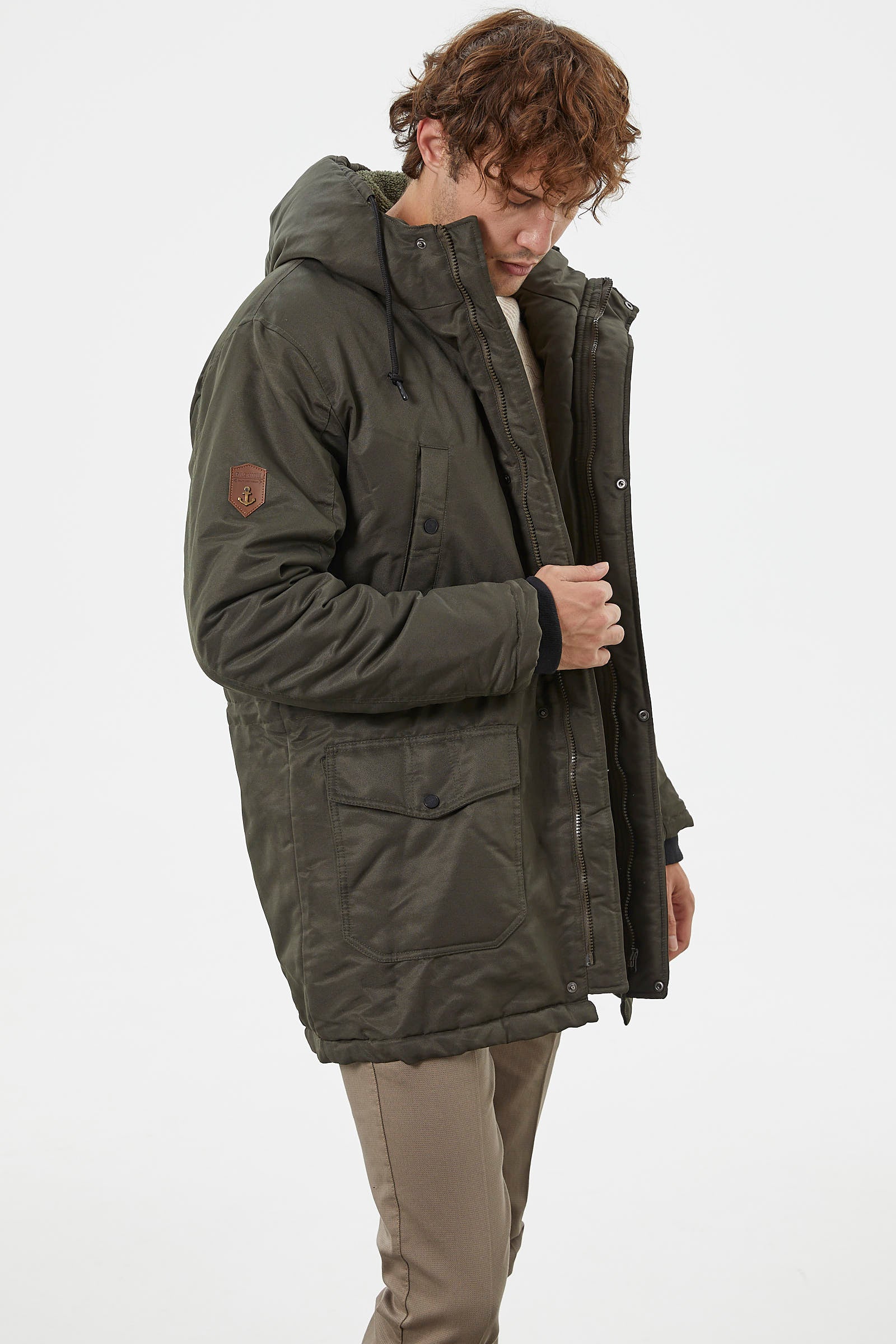 Büyük Beden İçi Pelüş Kapüşonlu Mont - Haki (3) Sementa