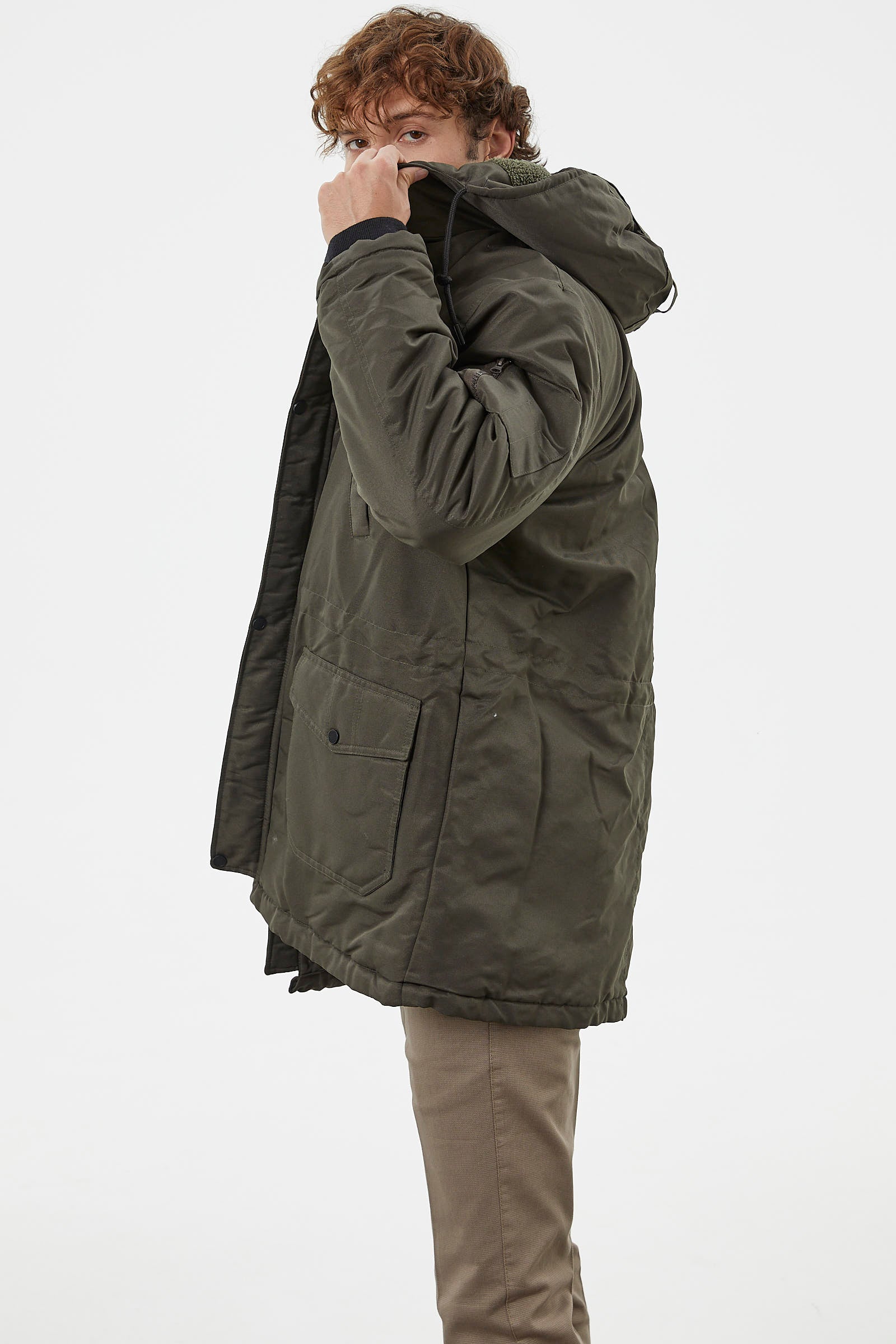 Büyük Beden İçi Pelüş Kapüşonlu Mont - Haki (6) Sementa