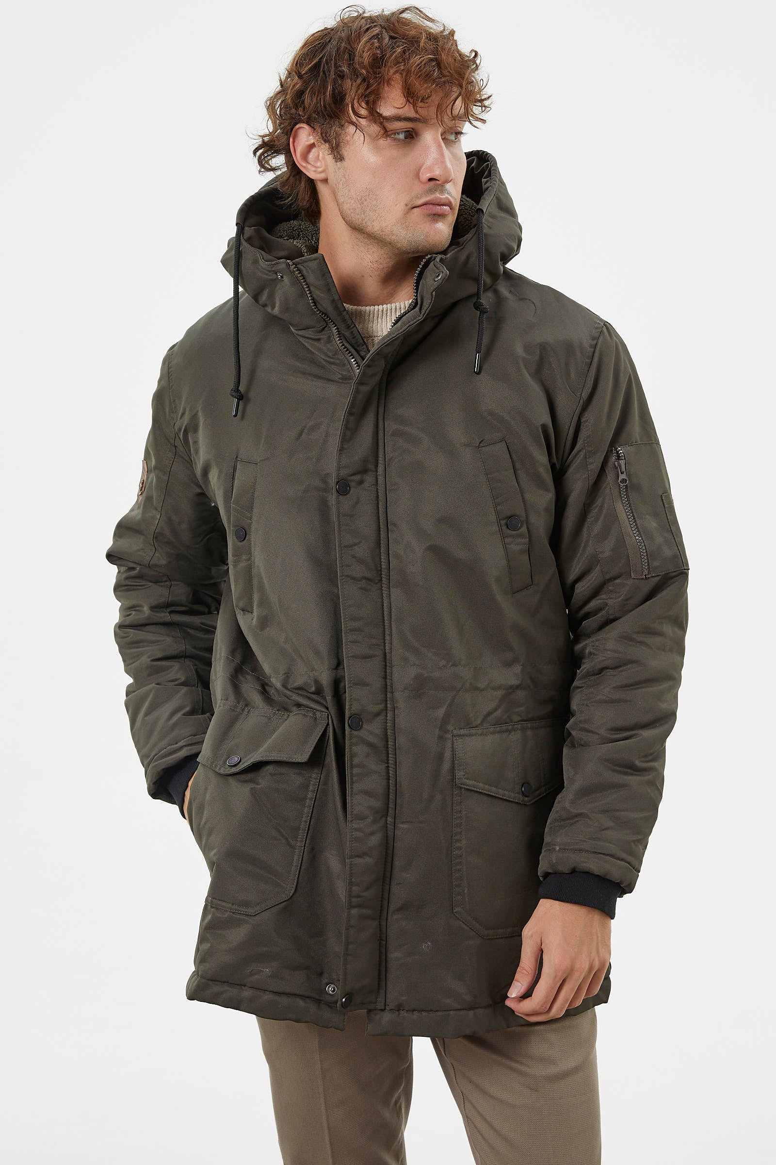 Büyük Beden İçi Pelüş Kapüşonlu Mont - Haki (5) Sementa