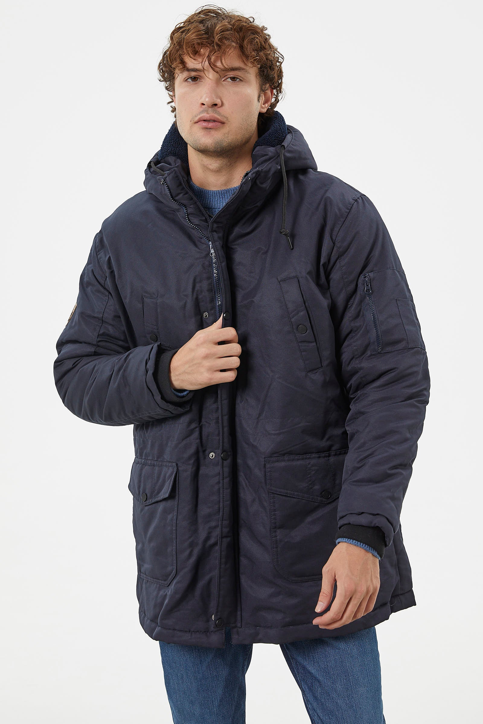 Büyük Beden İçi Pelüş Kapüşonlu Mont - Lacivert (4) Sementa