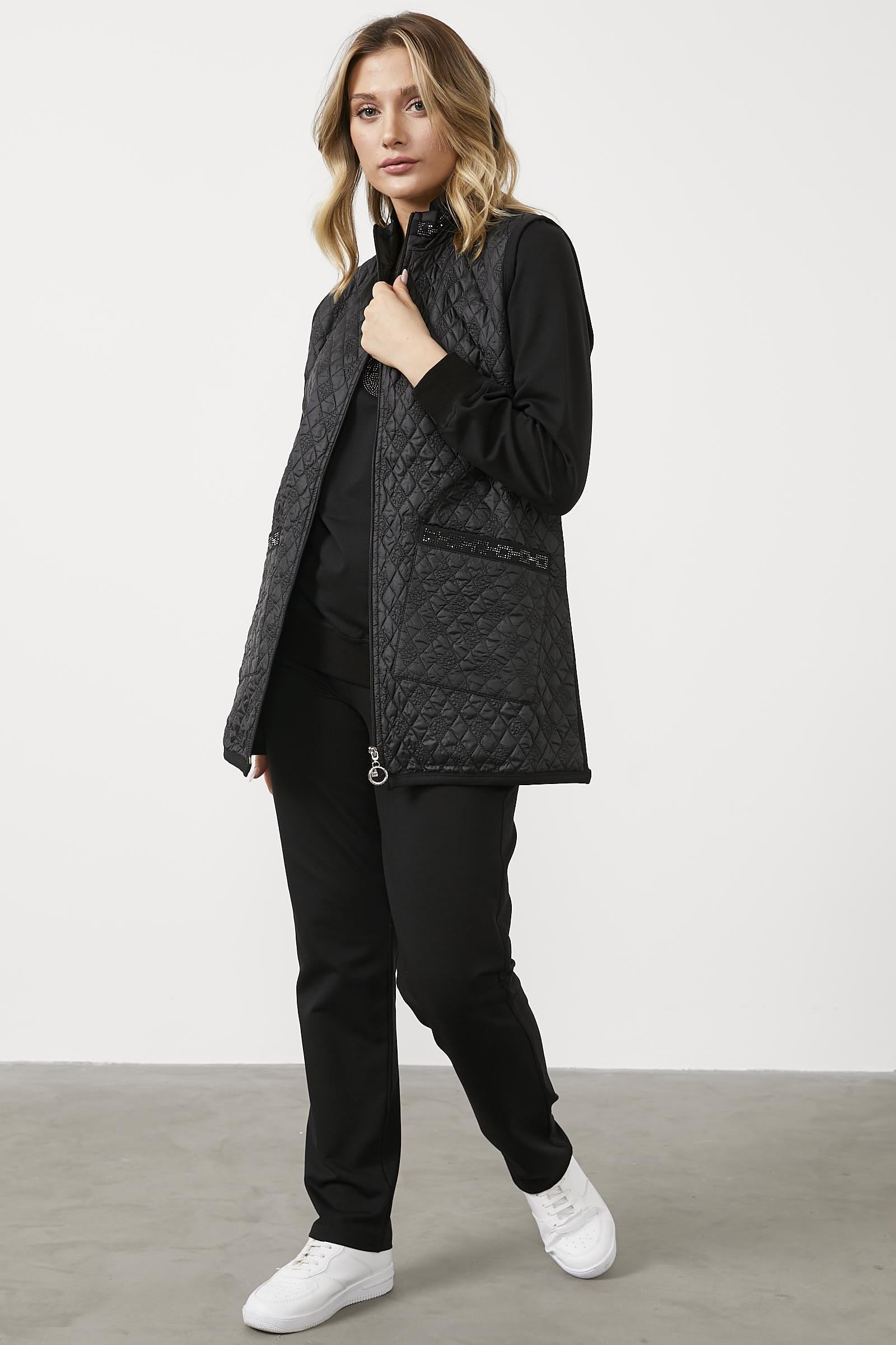 Büyük Beden Kapitone Yelekli Üçlü Eşofman Takım - Siyah (2) Sementa