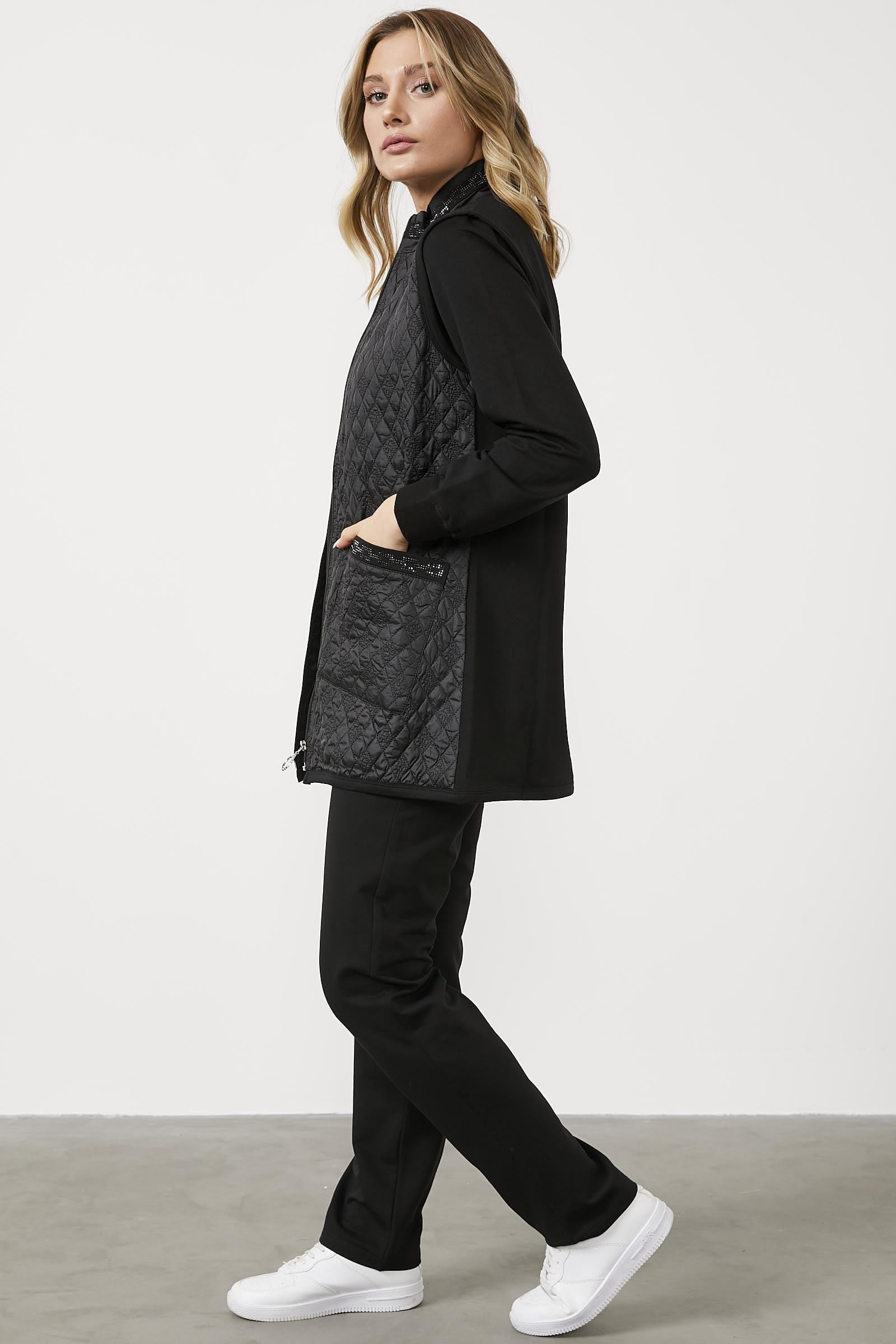 Büyük Beden Kapitone Yelekli Üçlü Eşofman Takım - Siyah (3) Sementa