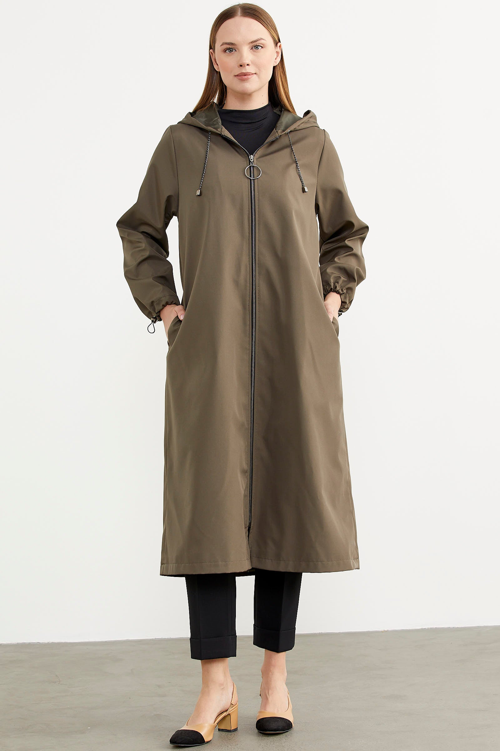 Büyük Beden Kapüşonlu Fermuarlı Uzun Trençkot - Haki (1) Sementa