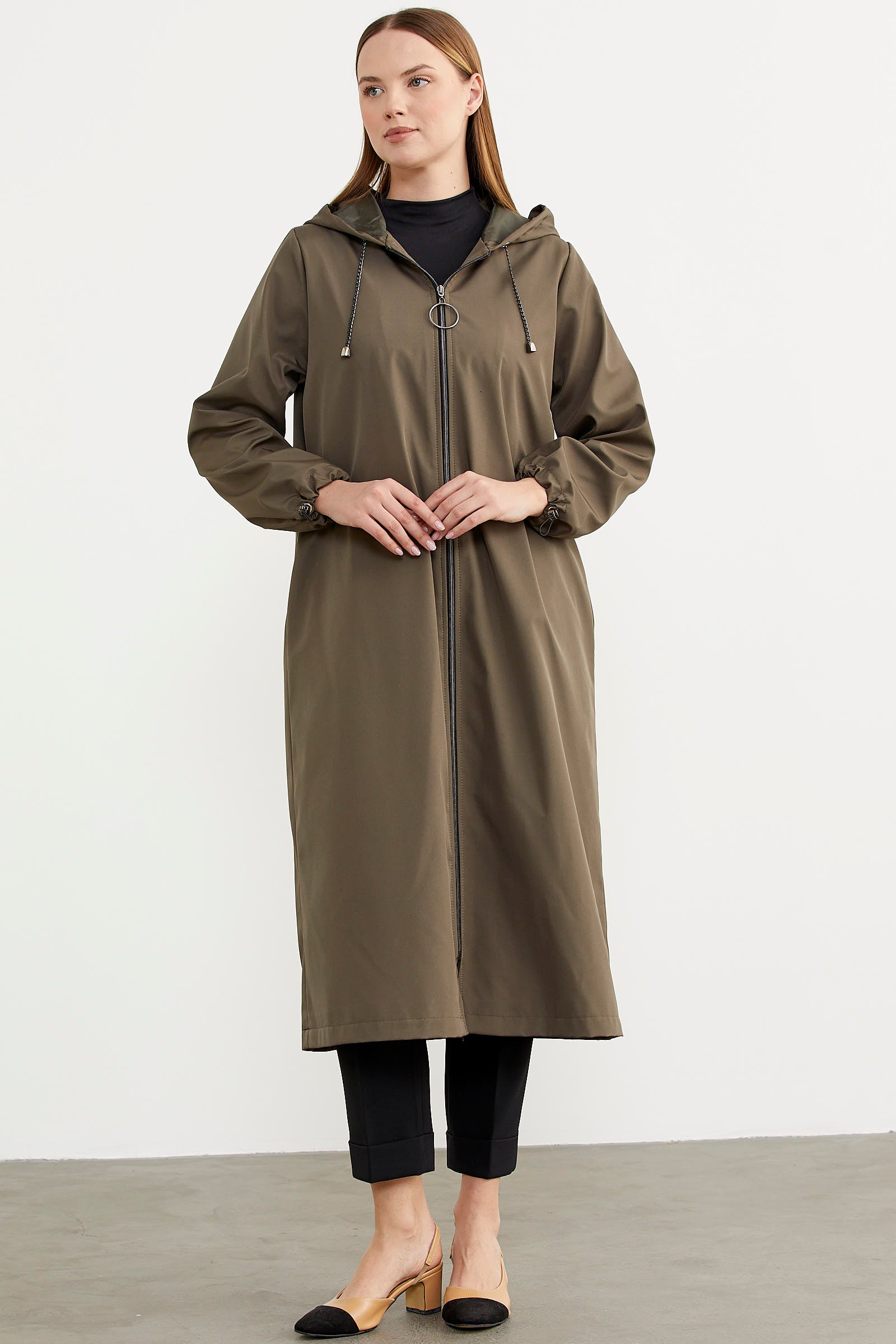 Büyük Beden Kapüşonlu Fermuarlı Uzun Trençkot - Haki (3) Sementa