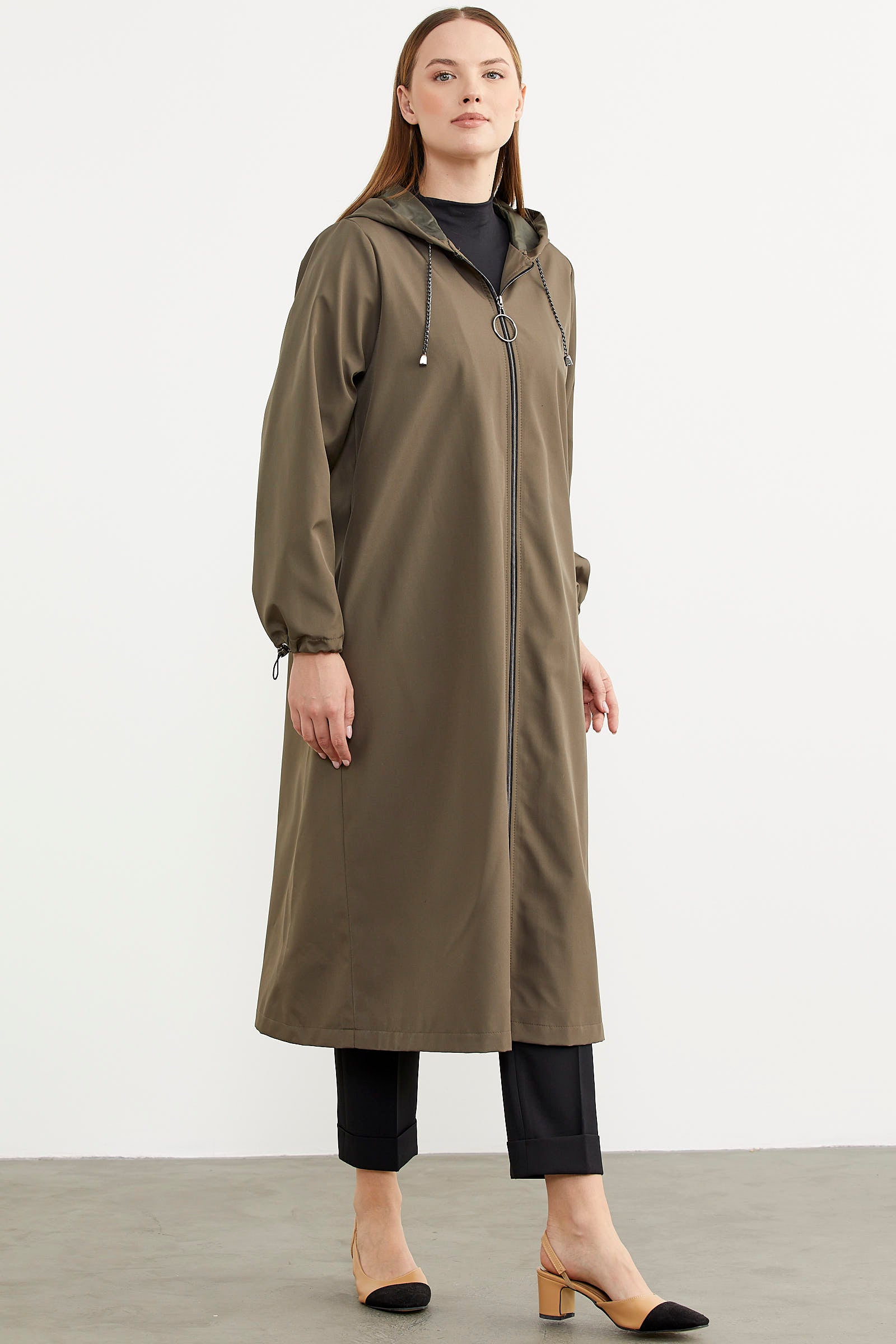 Büyük Beden Kapüşonlu Fermuarlı Uzun Trençkot - Haki (4) Sementa
