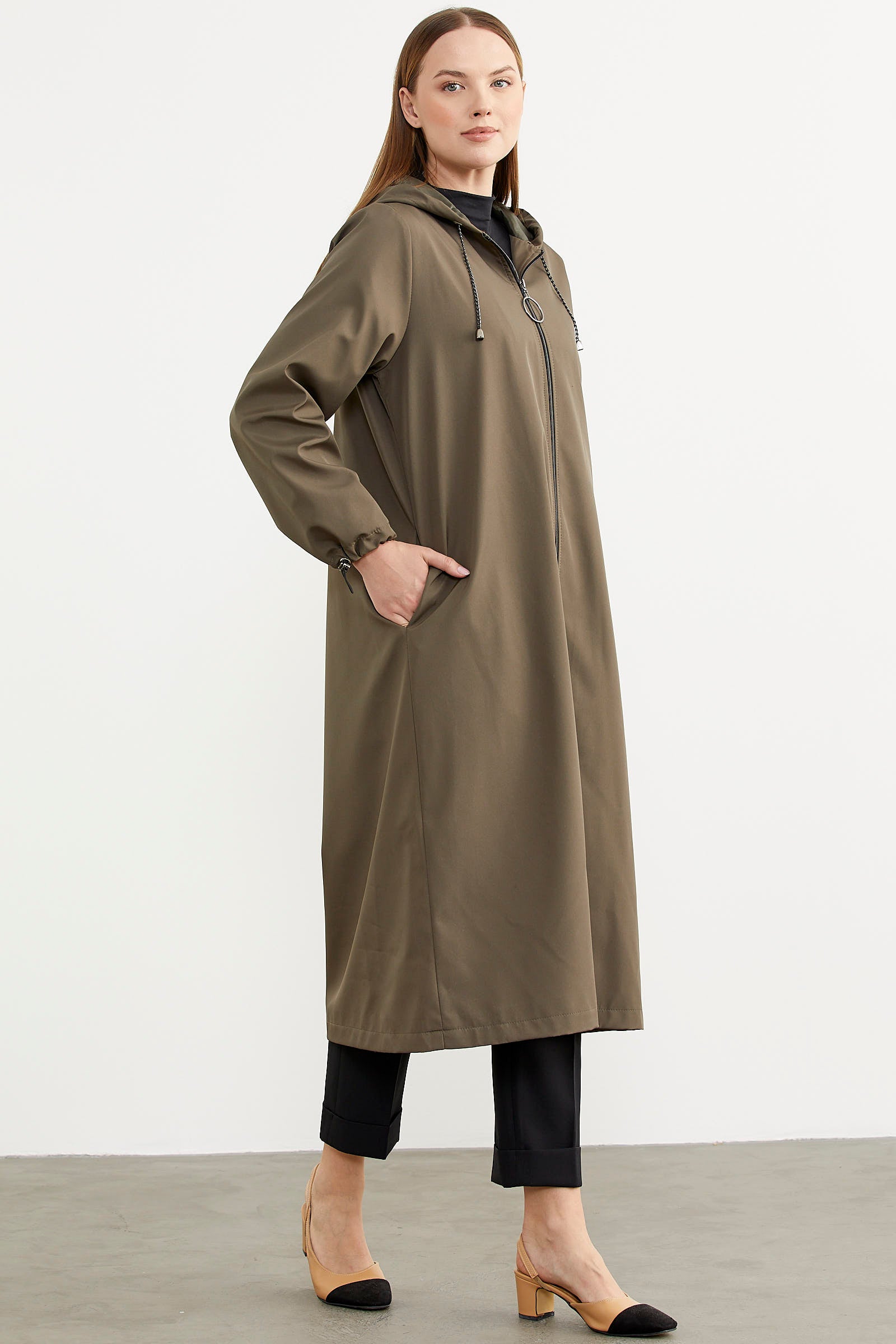 Büyük Beden Kapüşonlu Fermuarlı Uzun Trençkot - Haki (5) Sementa