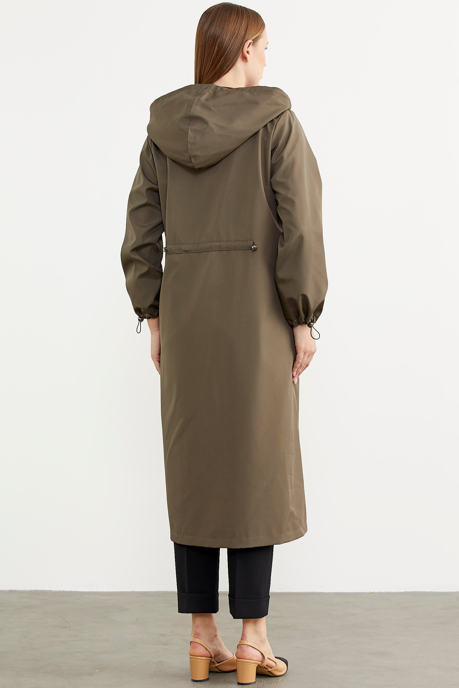 Büyük Beden Kapüşonlu Fermuarlı Uzun Trençkot - Haki (6) Sementa