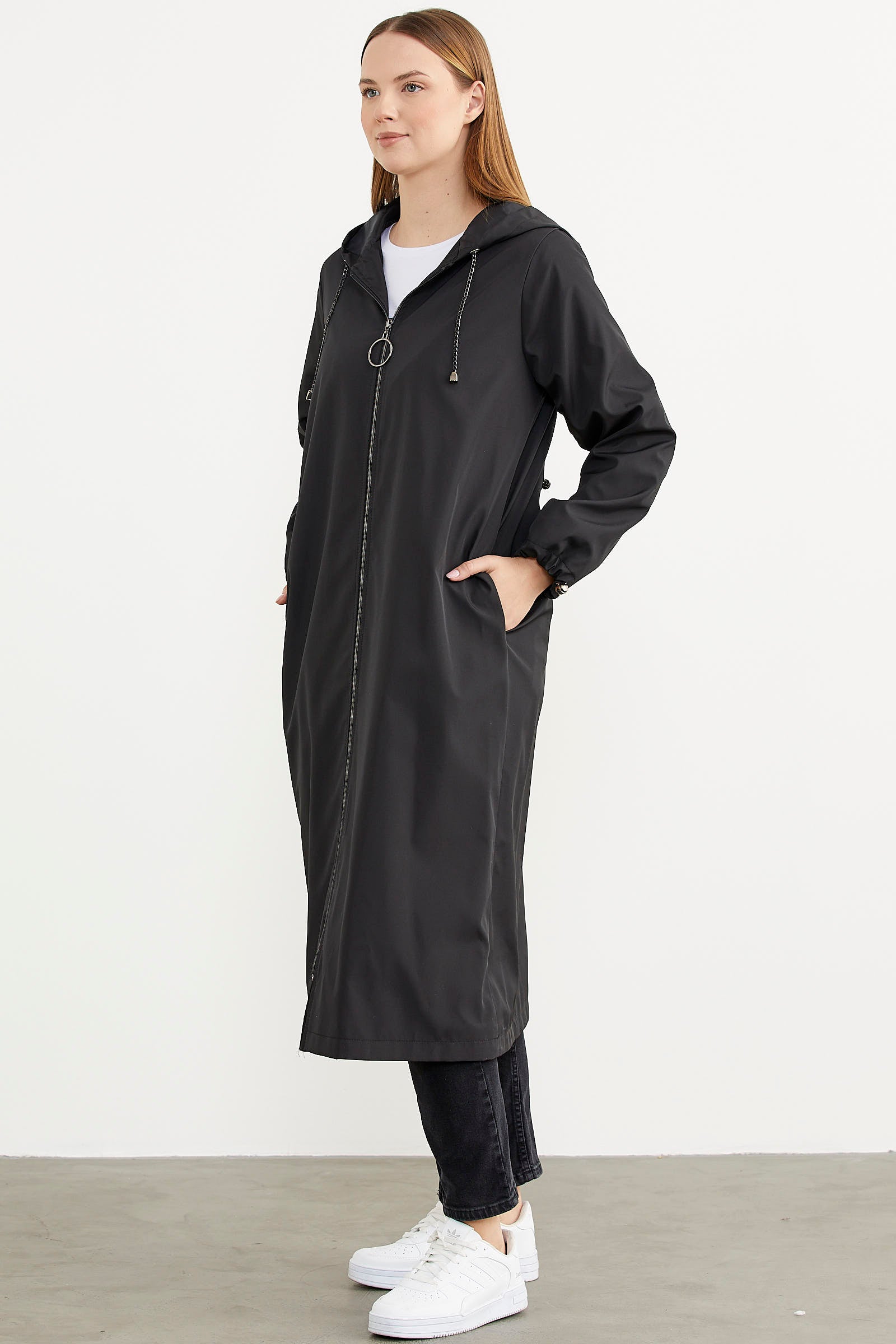 Büyük Beden Kapüşonlu Fermuarlı Uzun Trençkot - Siyah (2) Sementa