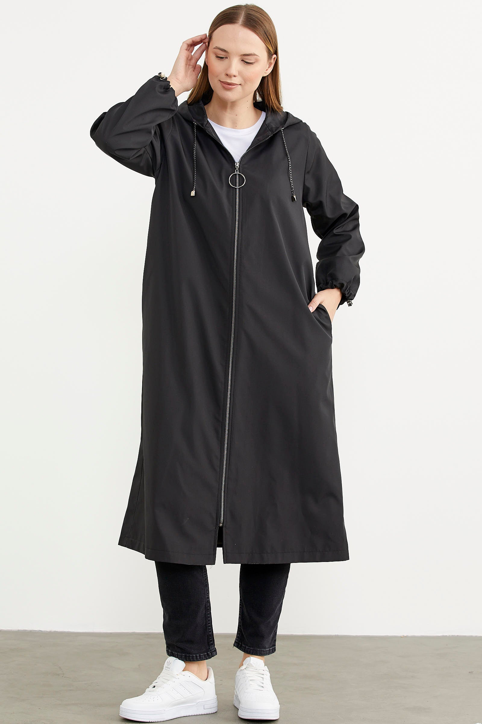 Büyük Beden Kapüşonlu Fermuarlı Uzun Trençkot - Siyah (3) Sementa