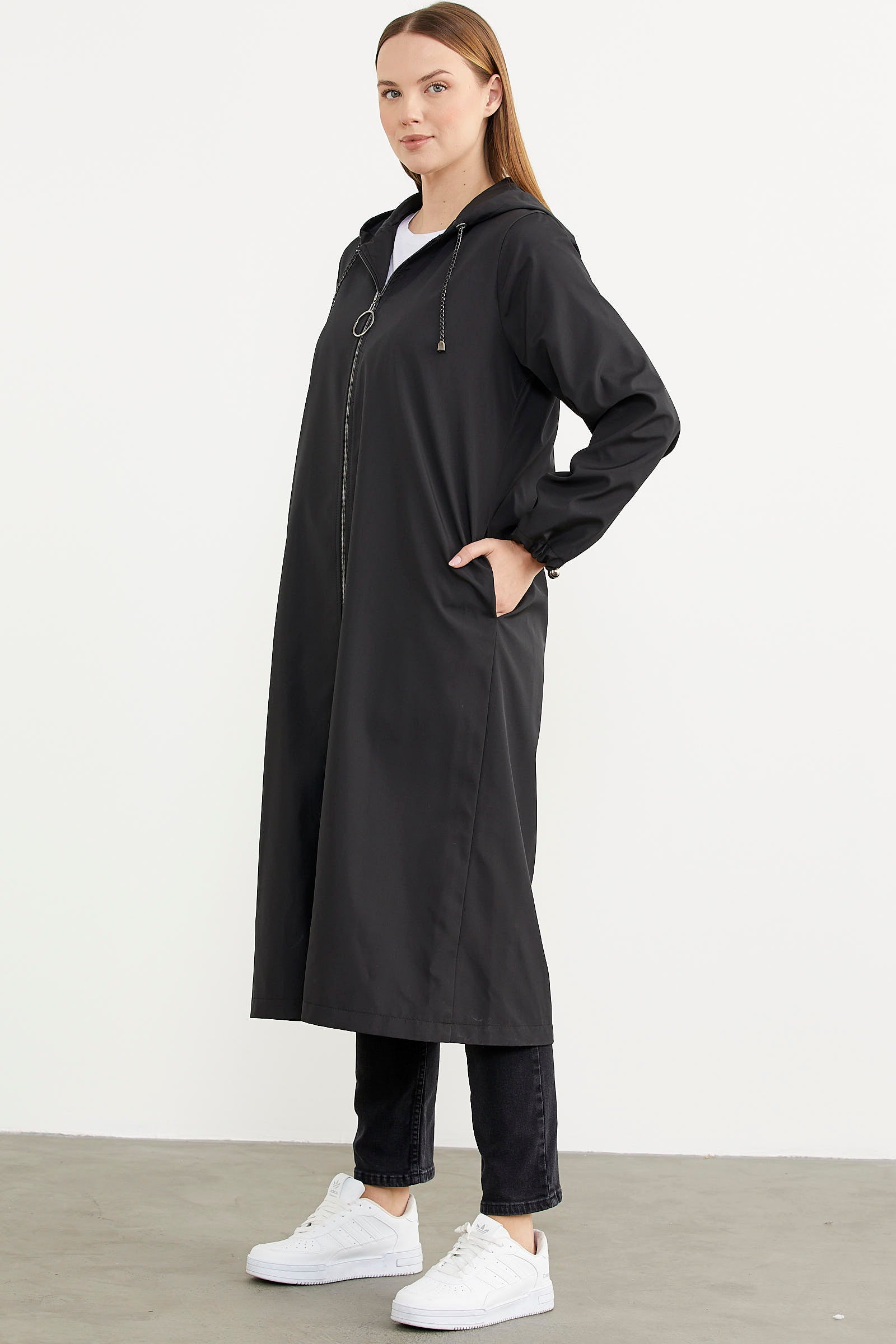 Büyük Beden Kapüşonlu Fermuarlı Uzun Trençkot - Siyah (5) Sementa
