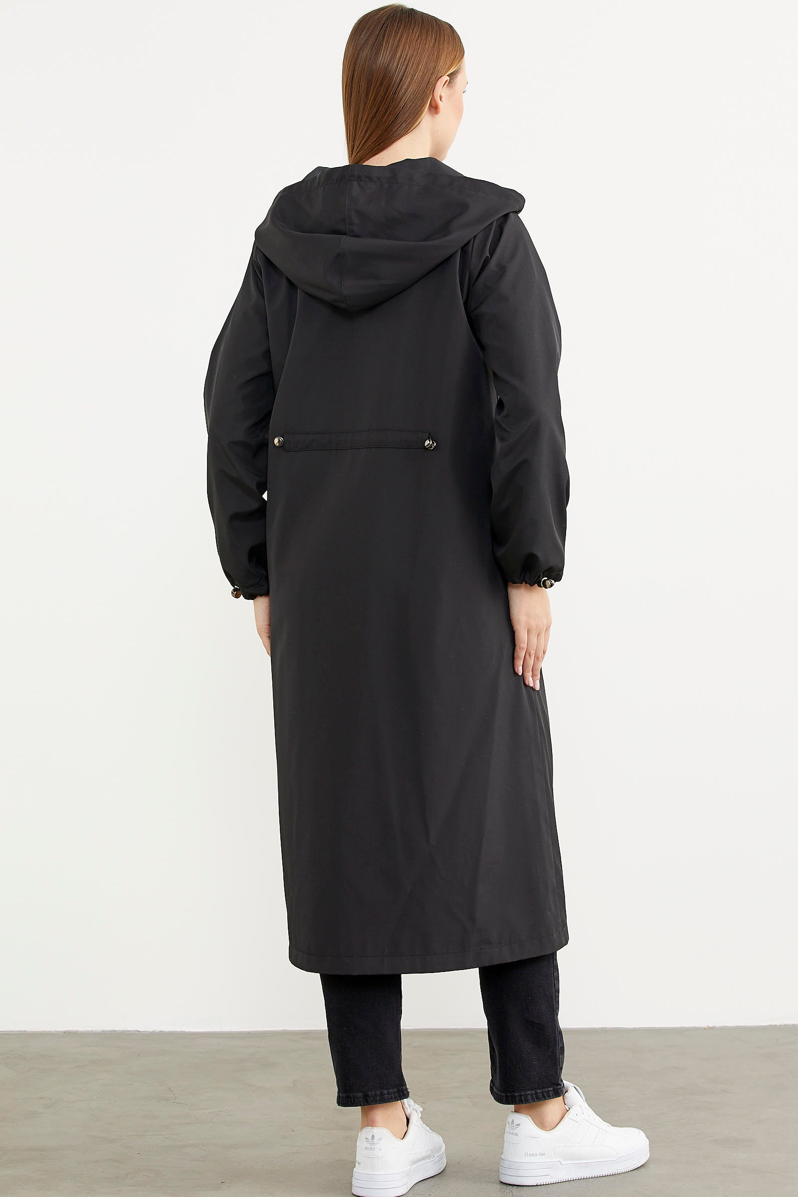 Büyük Beden Kapüşonlu Fermuarlı Uzun Trençkot - Siyah (6) Sementa