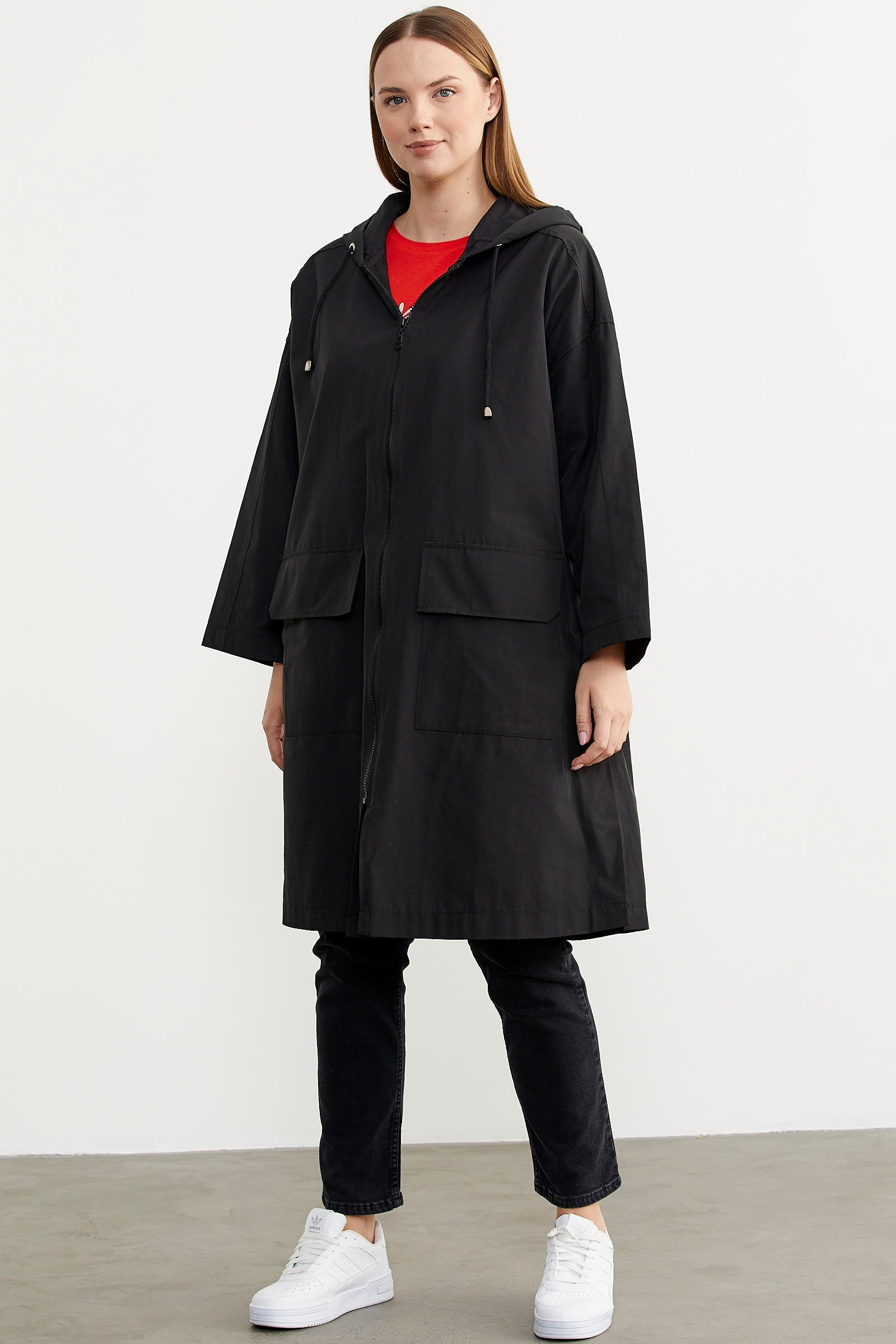 Büyük Beden Kapüşonlu Uzun Trençkot - Siyah (2) Sementa