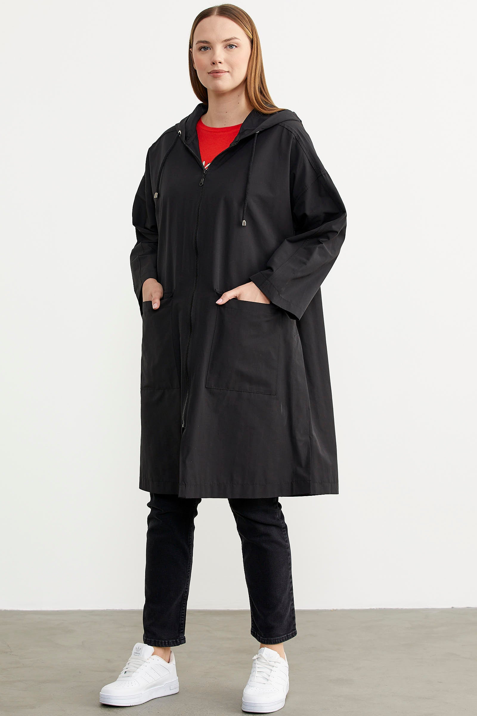 Büyük Beden Kapüşonlu Uzun Trençkot - Siyah (3) Sementa