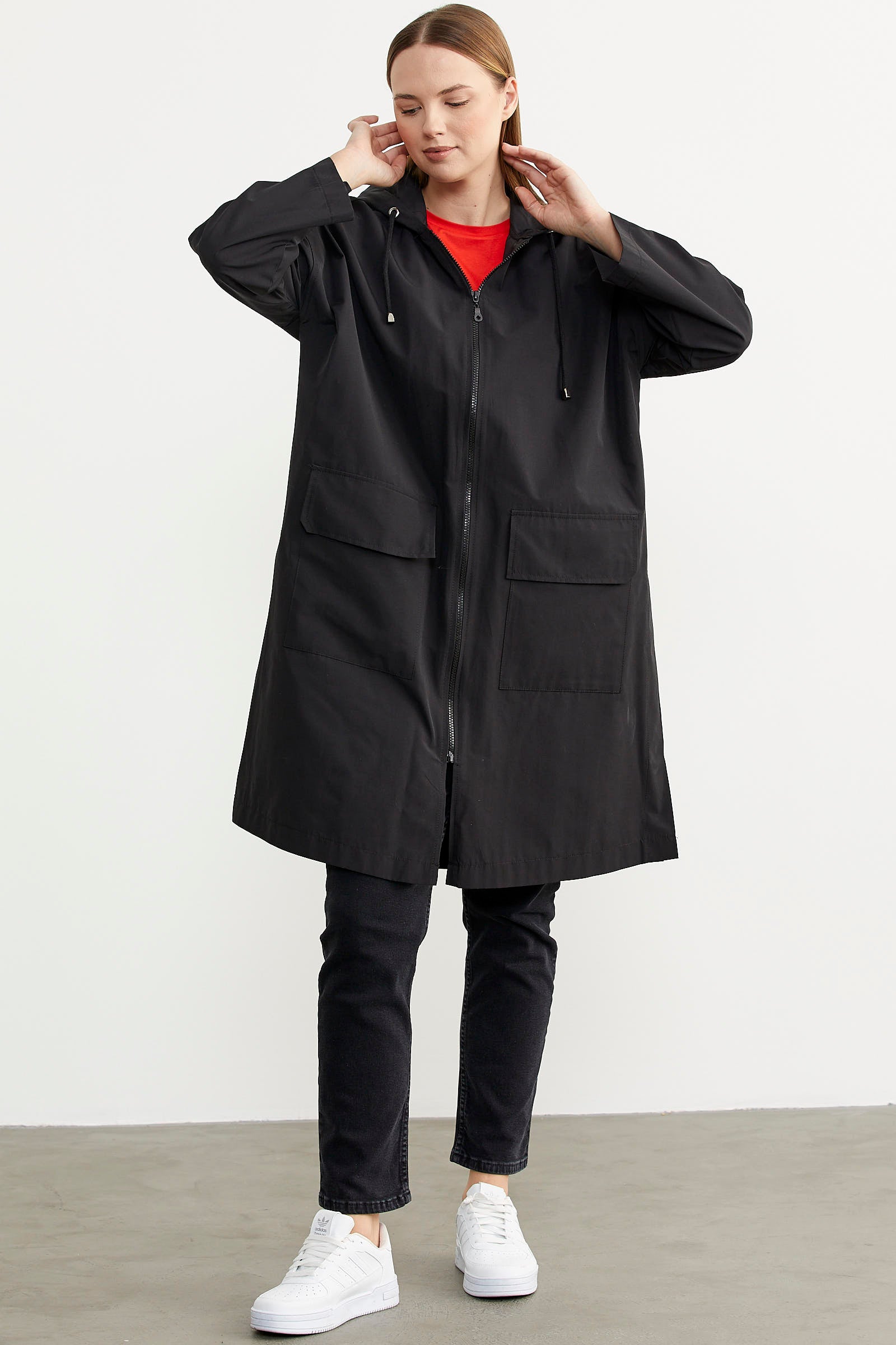 Büyük Beden Kapüşonlu Uzun Trençkot - Siyah (4) Sementa