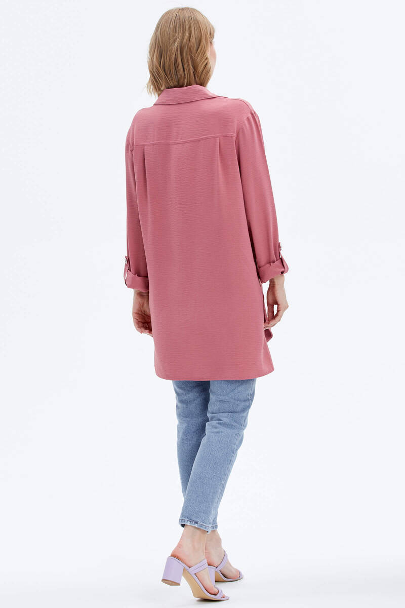 Büyük Beden Nakışlı Uzun Gömlek - Gül Kurusu (5) Sementa