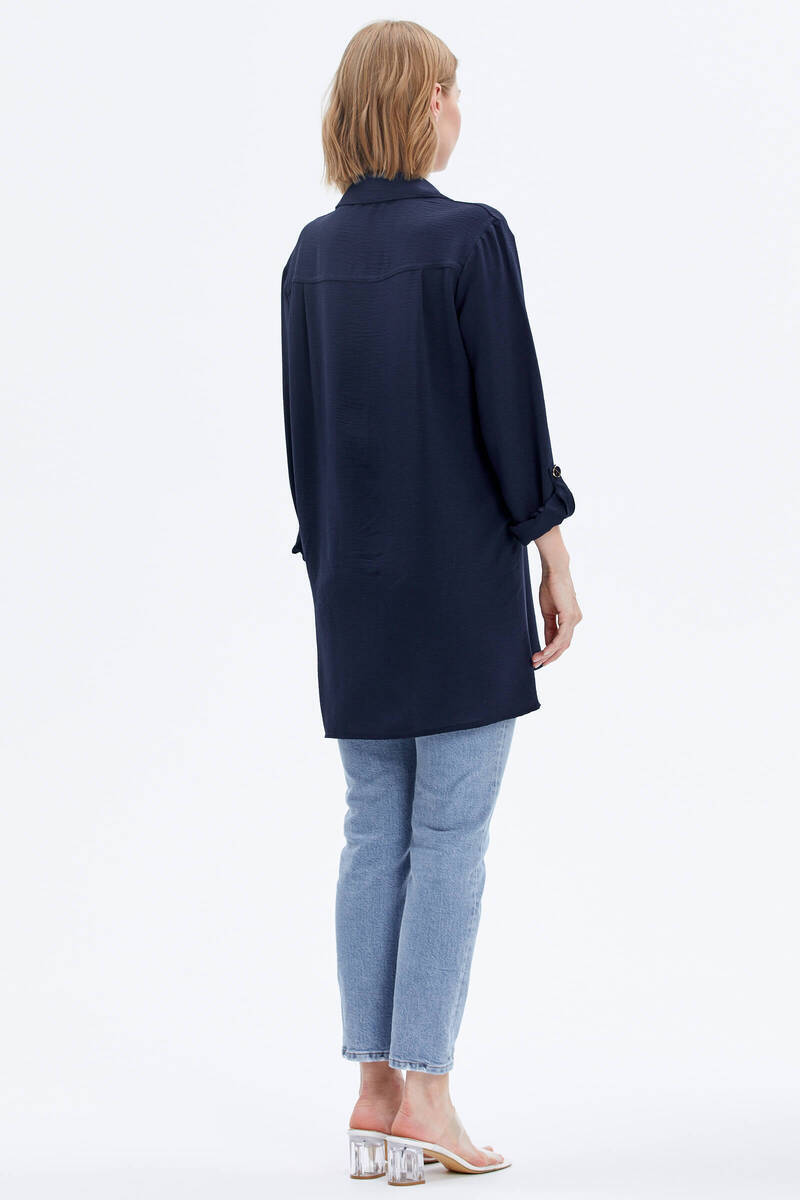 Büyük Beden Nakışlı Uzun Gömlek - Lacivert (5) Sementa