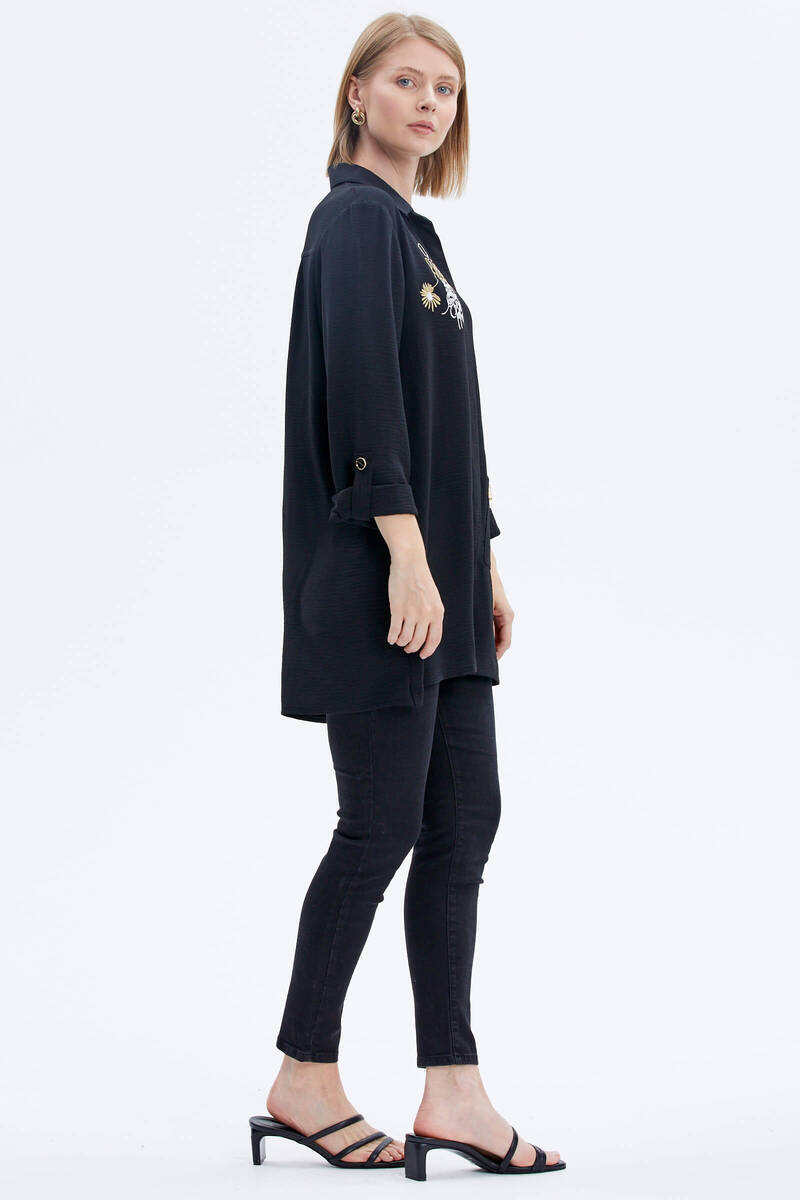 Büyük Beden Nakışlı Uzun Gömlek - Siyah (5) Sementa