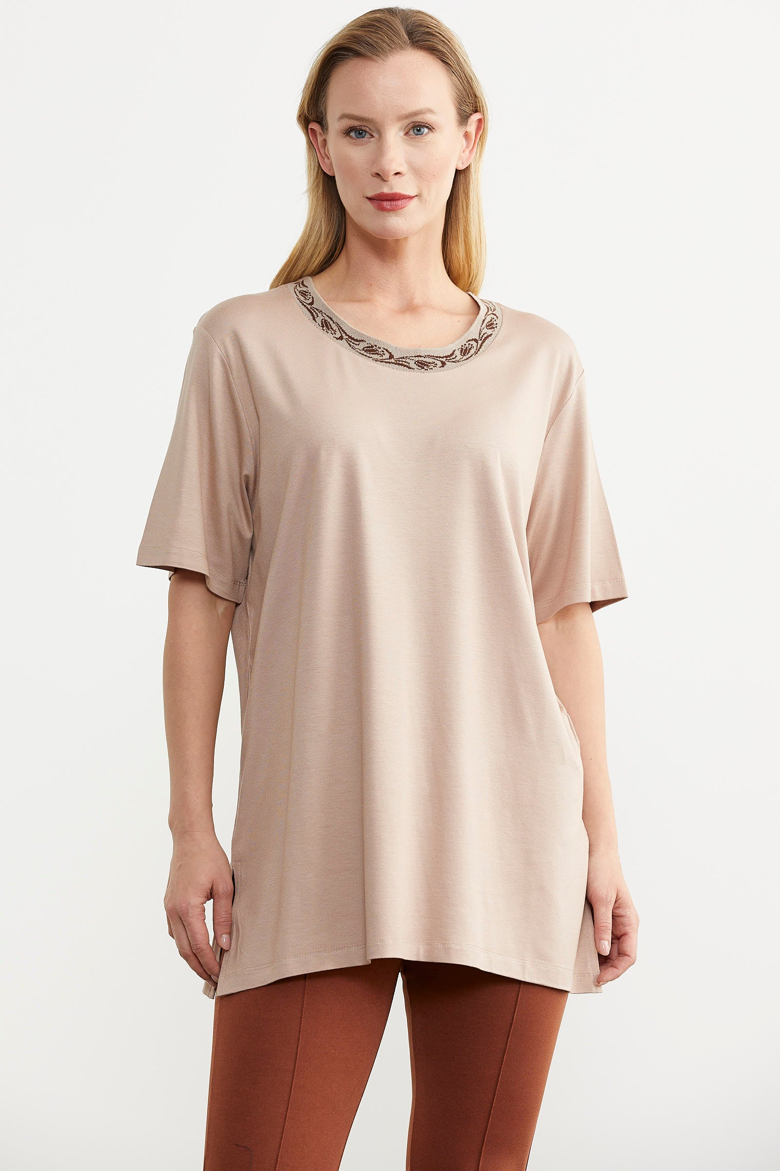 Büyük Beden Penye Tişört - Bej (1) Sementa