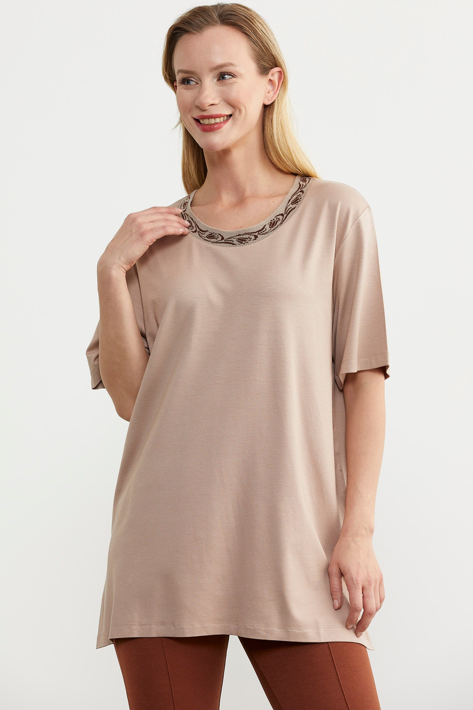 Büyük Beden Penye Tişört - Bej (2) Sementa