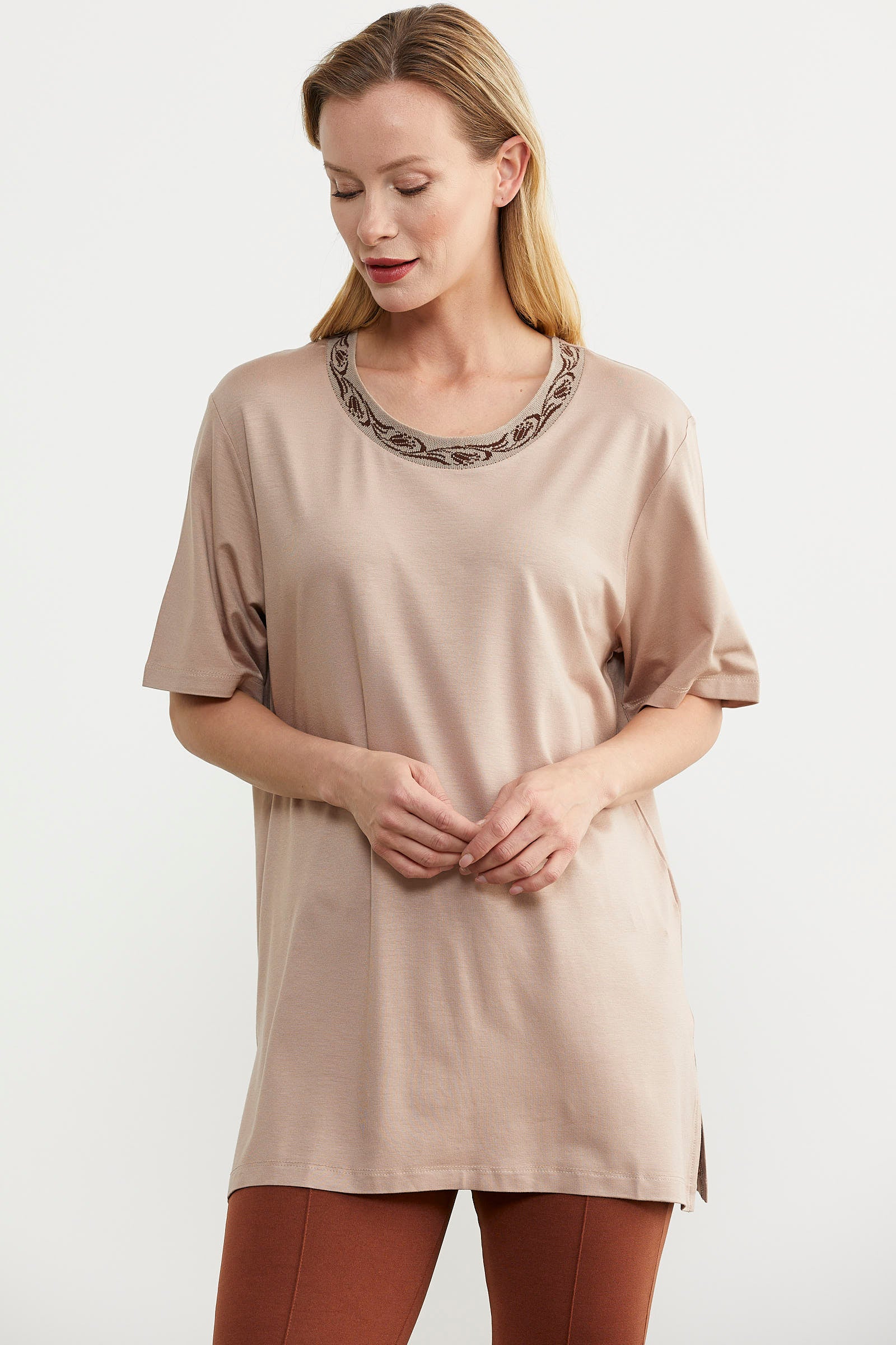 Büyük Beden Penye Tişört - Bej (3) Sementa