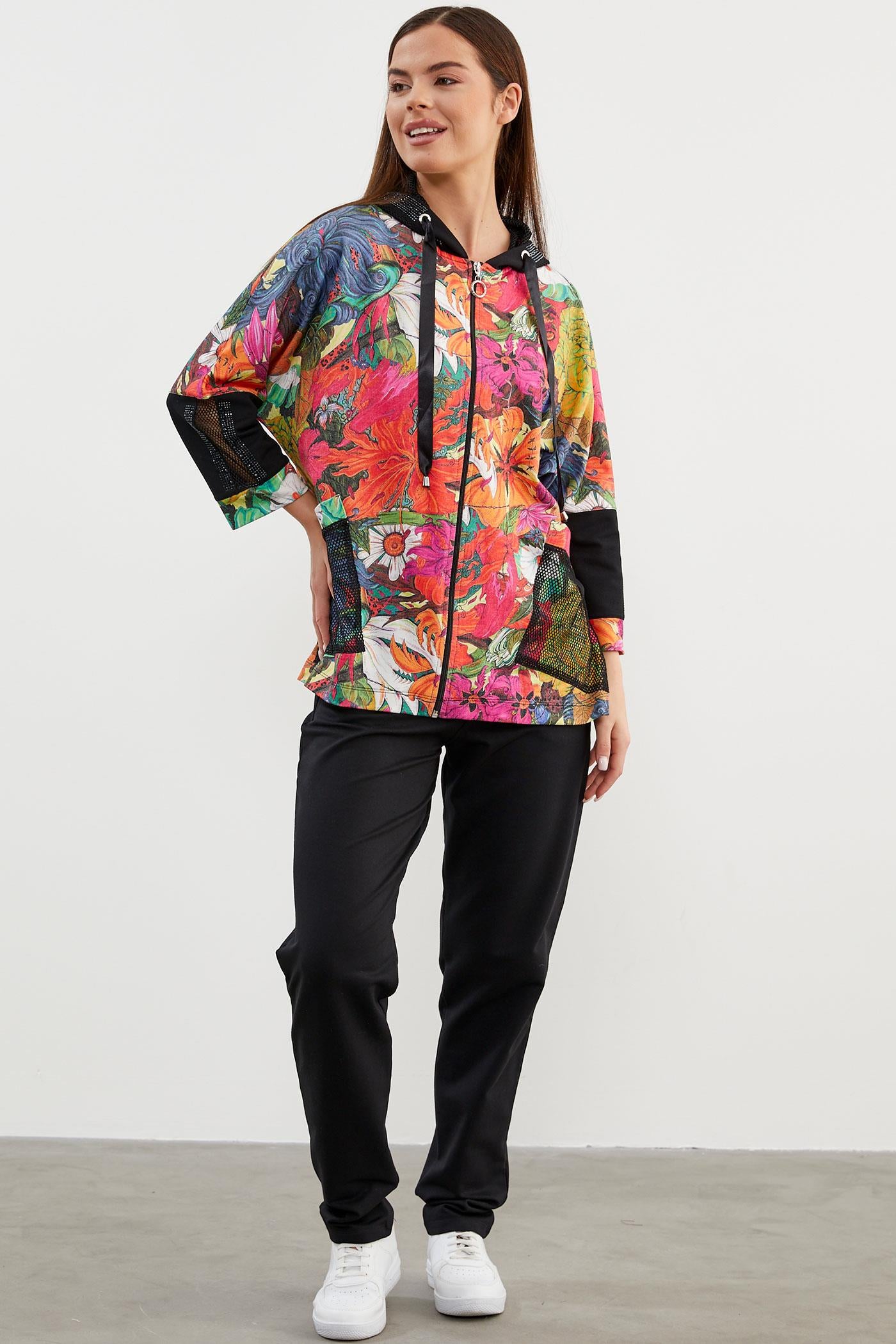 Büyük Beden Renkli Çiçek Desenli Takım - Oranj (3) Sementa