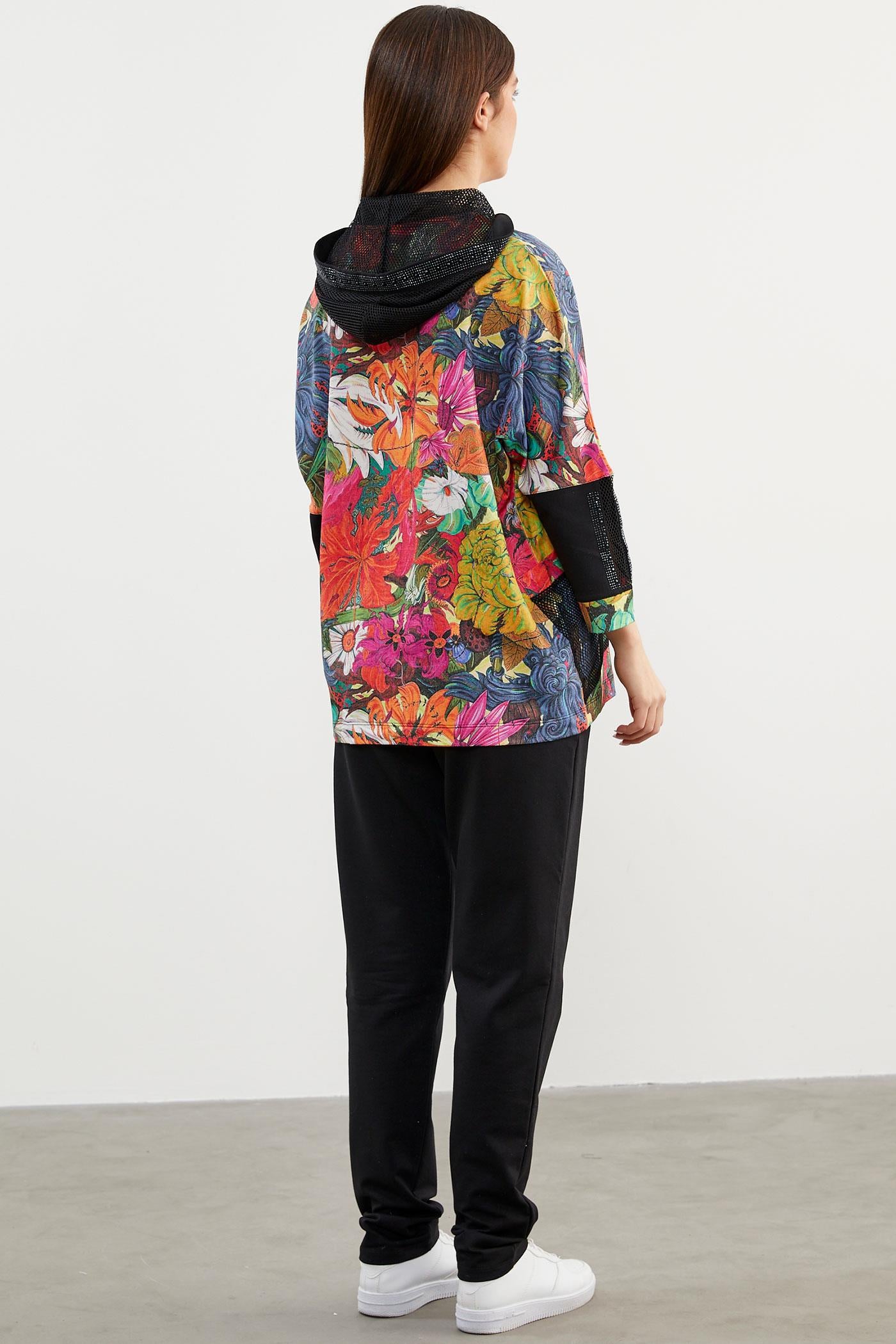 Büyük Beden Renkli Çiçek Desenli Takım - Oranj (6) Sementa