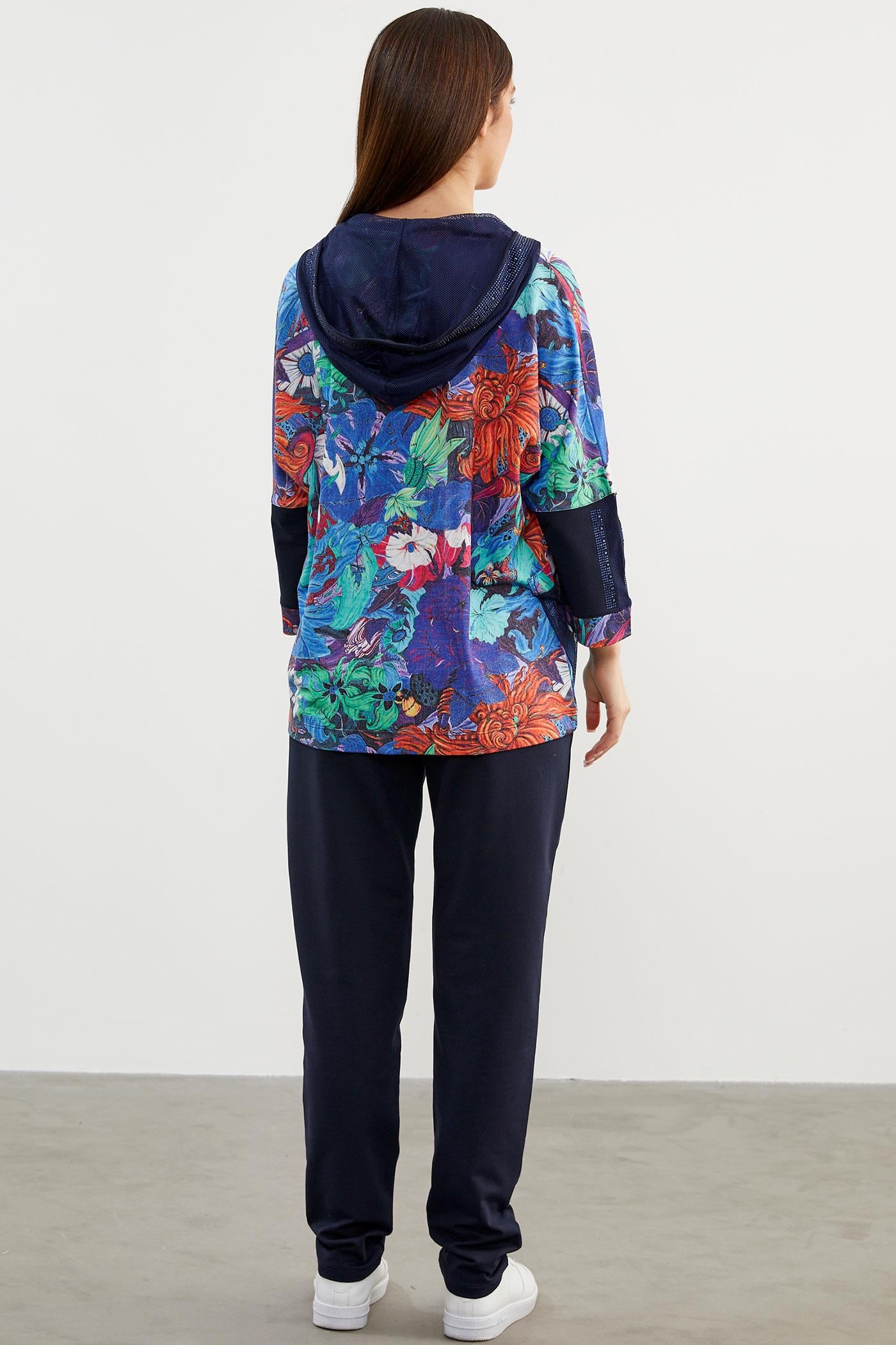 Büyük Beden Renkli Çiçek Desenli Takım - Saks (7) Sementa