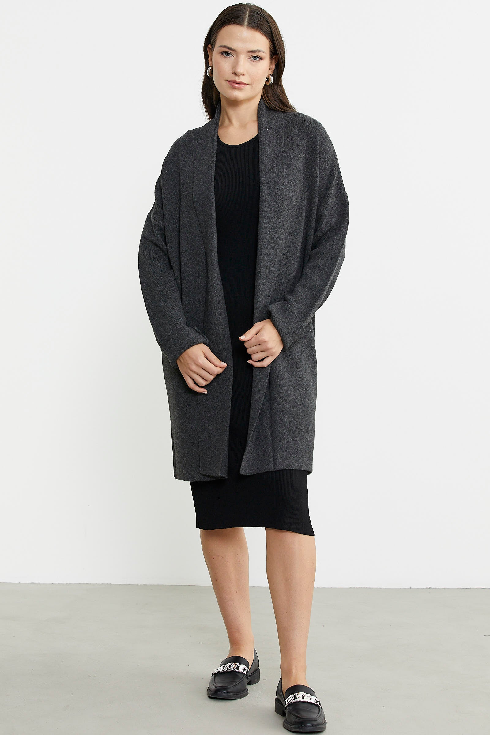 Büyük Beden Şal Yaka Yünlü Triko Hırka - Koyu Gri - Sementa