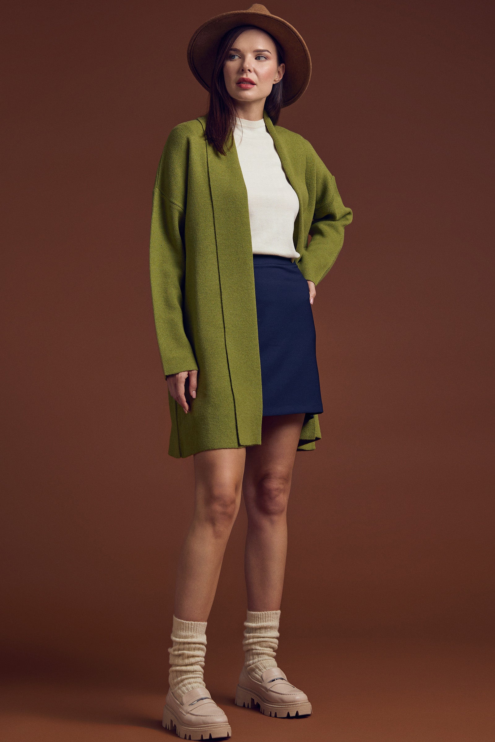 Büyük Beden Şal Yaka Yünlü Triko Hırka - Yeşil - Sementa