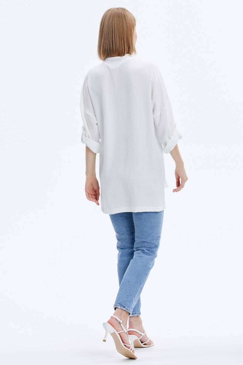 Büyük Beden Taş Detaylı Gömlek - Ekru (5) Sementa