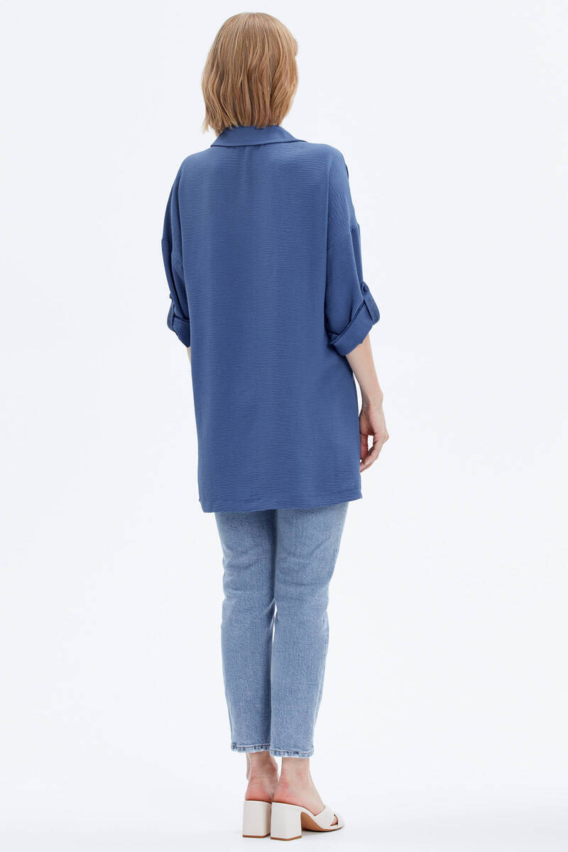 Büyük Beden Taş Detaylı Gömlek - Indigo (5) Sementa