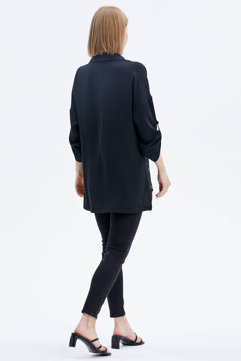 Büyük Beden Taş Detaylı Gömlek - Siyah (5) Sementa