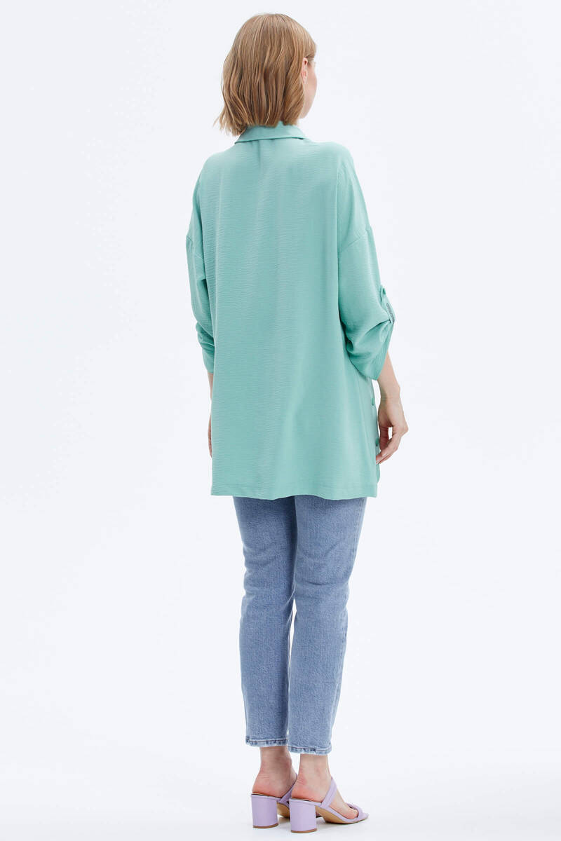 Büyük Beden Taş Detaylı Gömlek - Yeşil (5) Sementa