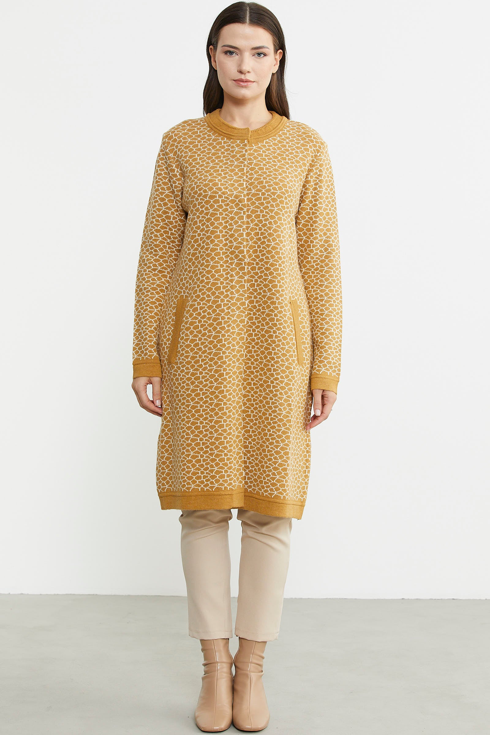 Büyük Beden Uzun Cepli Triko Ceket - Güneş - Sementa