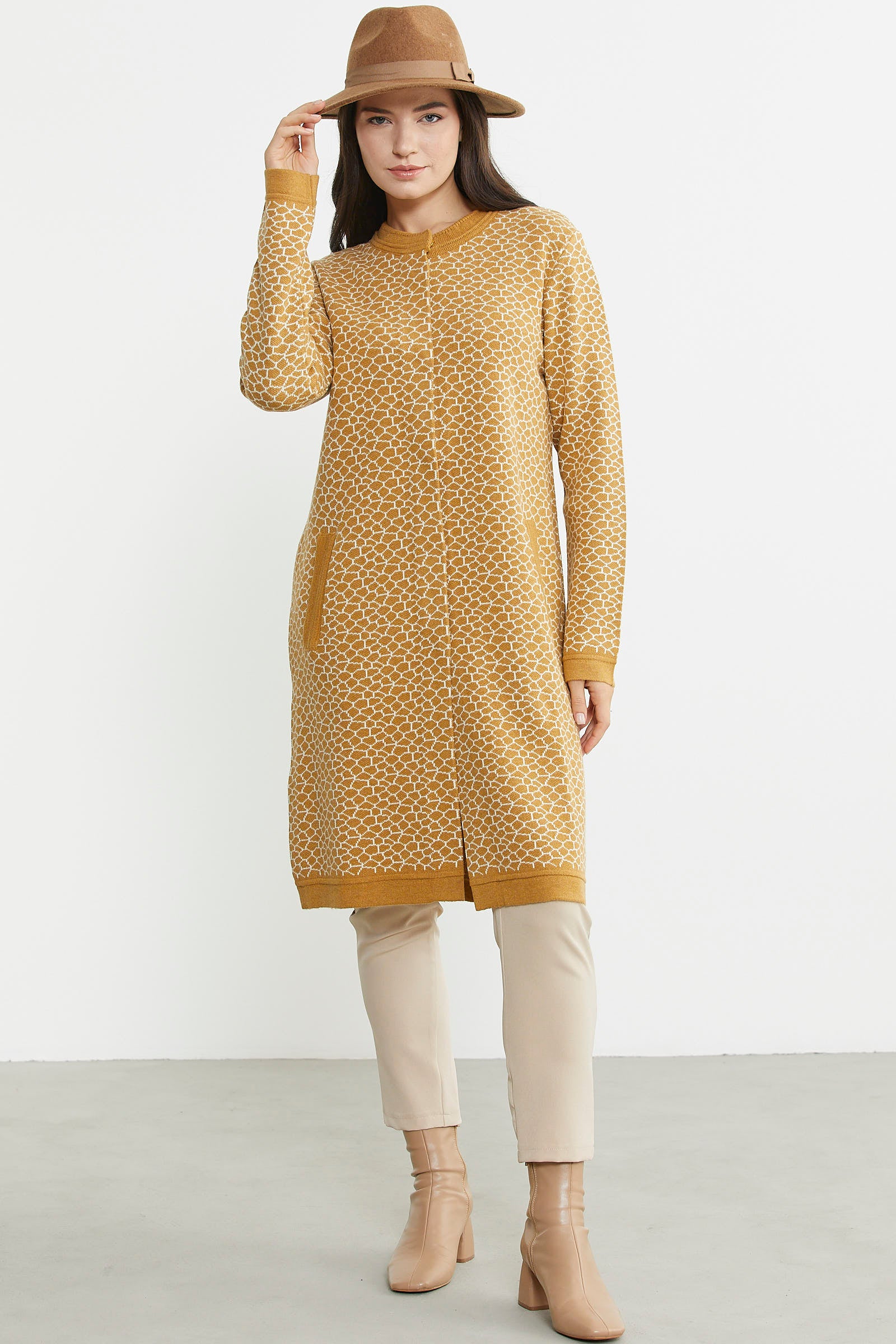 Büyük Beden Uzun Cepli Triko Ceket - Güneş - Sementa