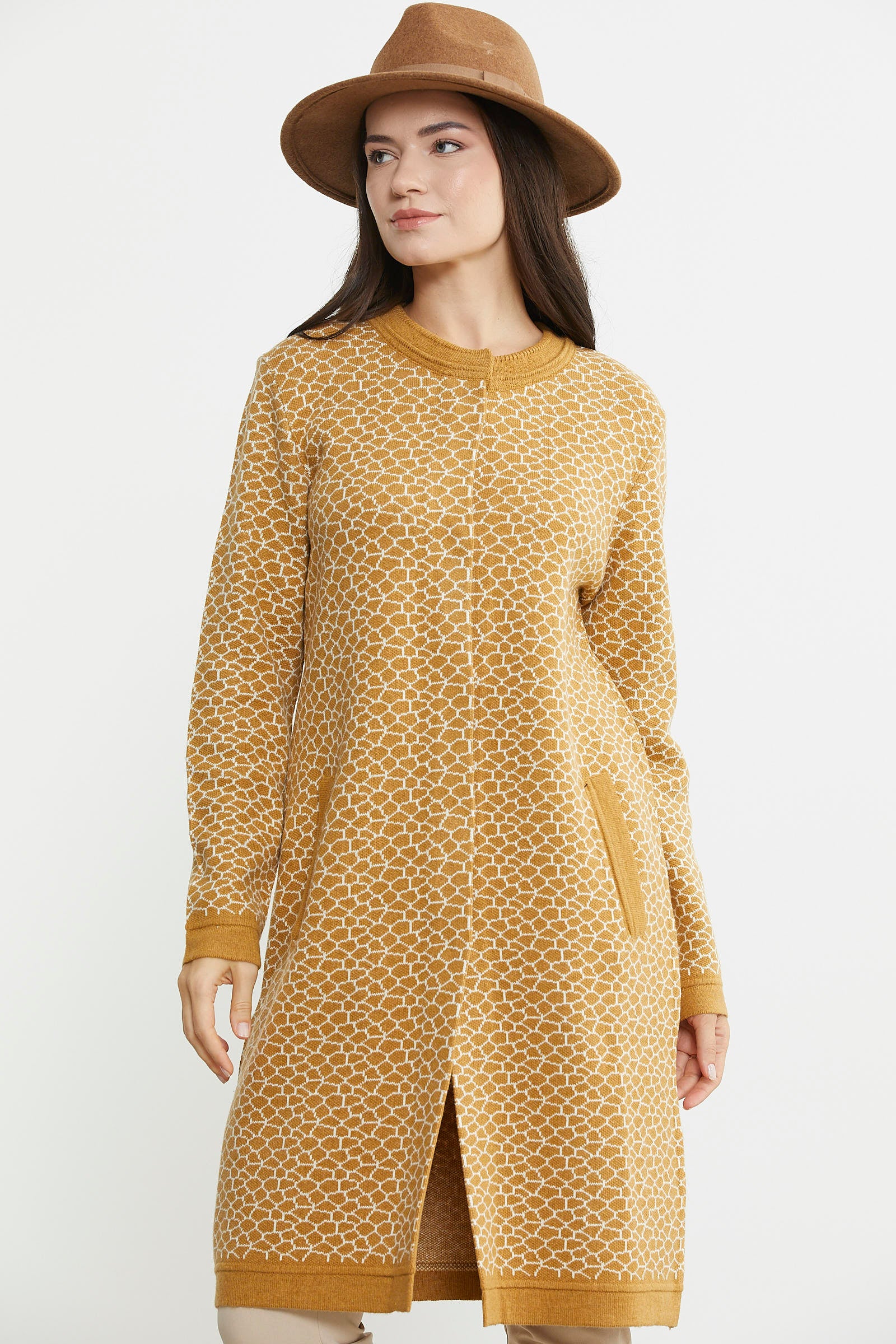 Büyük Beden Uzun Cepli Triko Ceket - Güneş - Sementa