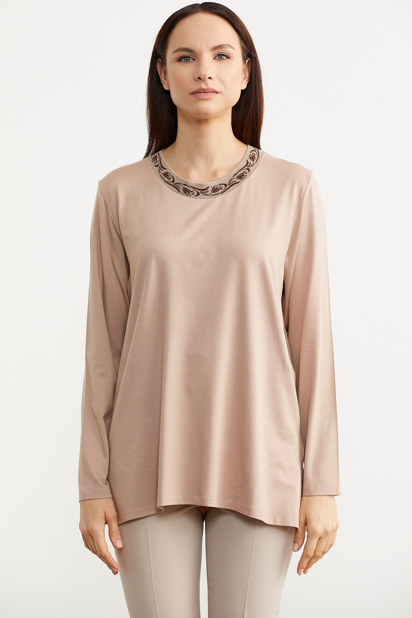 Büyük Beden Uzun Kol Tişört - Bej (1) Sementa