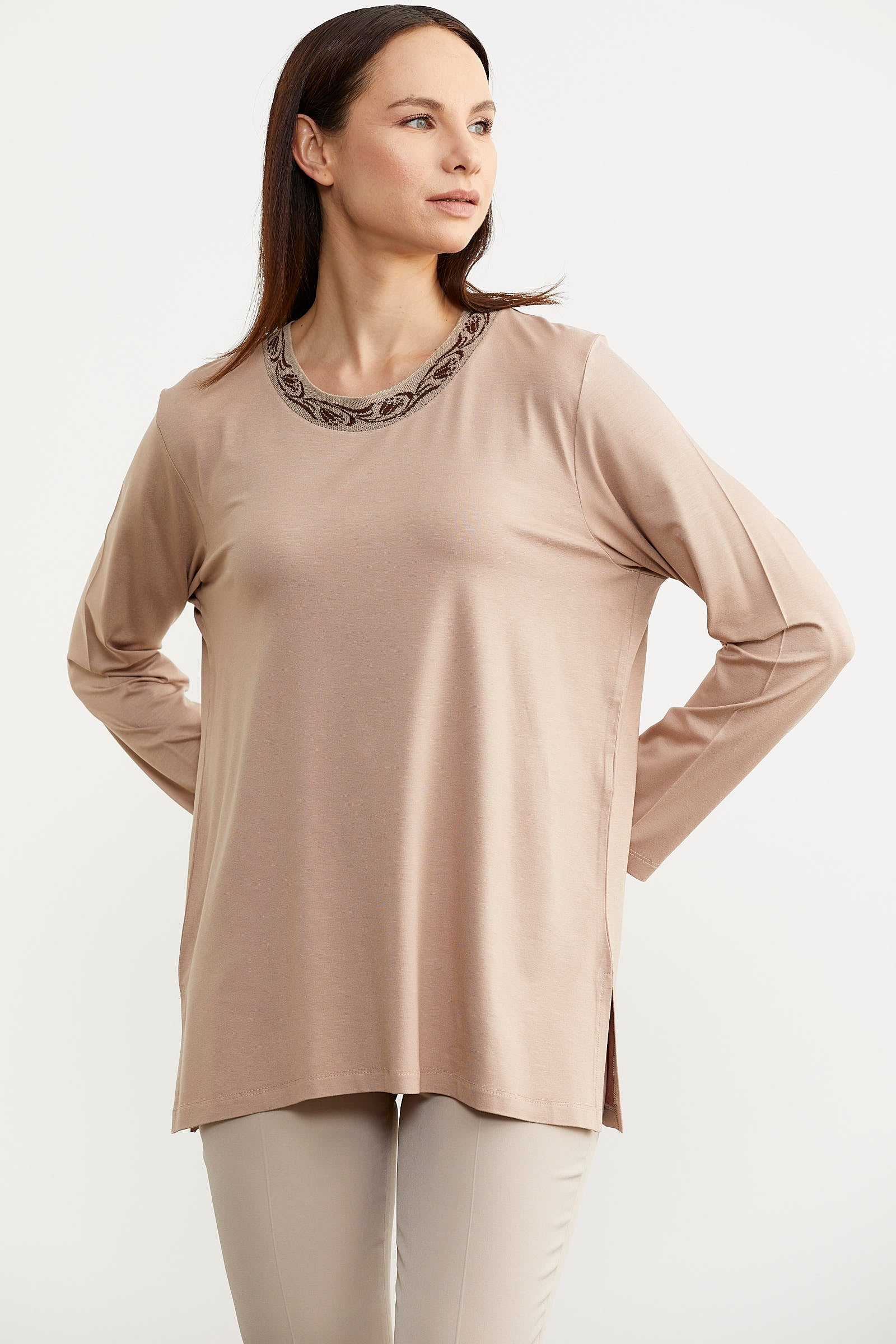 Büyük Beden Uzun Kol Tişört - Bej (2) Sementa