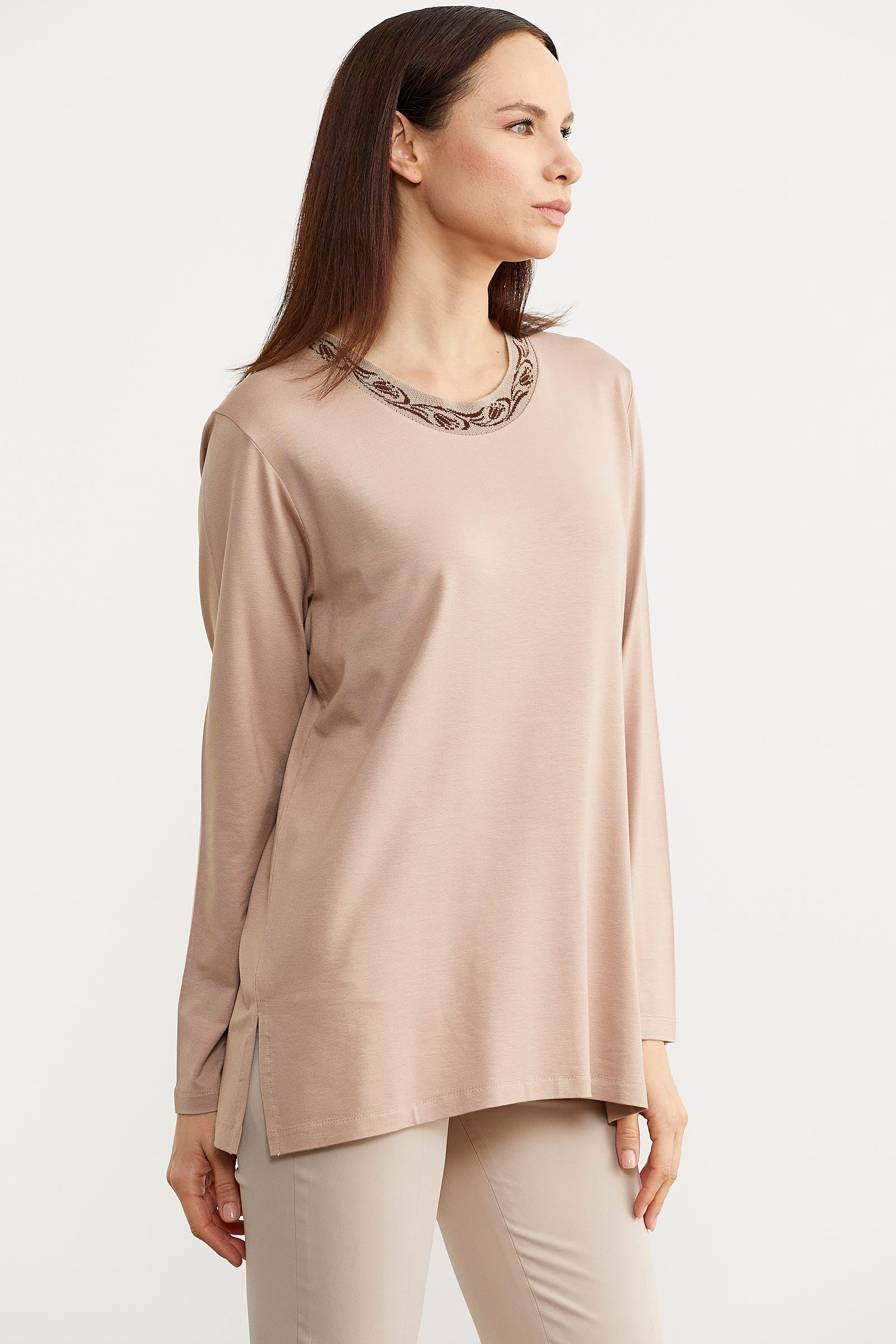 Büyük Beden Uzun Kol Tişört - Bej (4) Sementa
