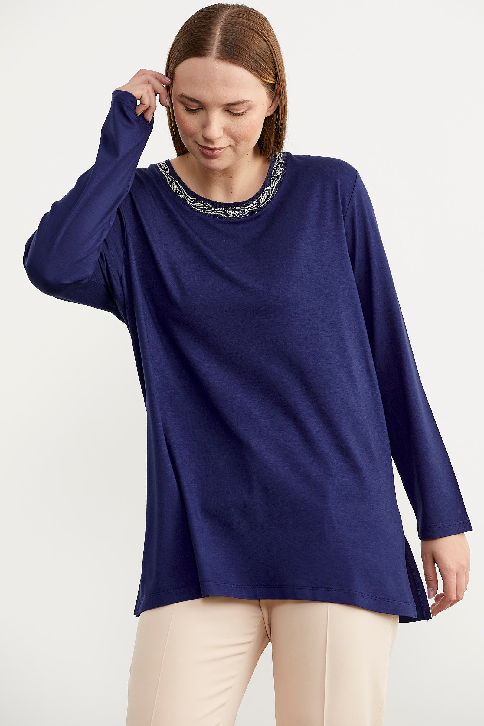Büyük Beden Uzun Kol Tişört - Indigo (2) Sementa