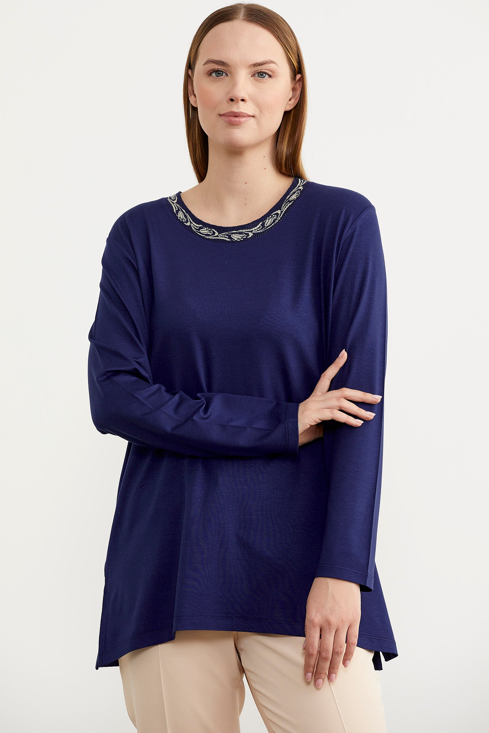 Büyük Beden Uzun Kol Tişört - Indigo (3) Sementa