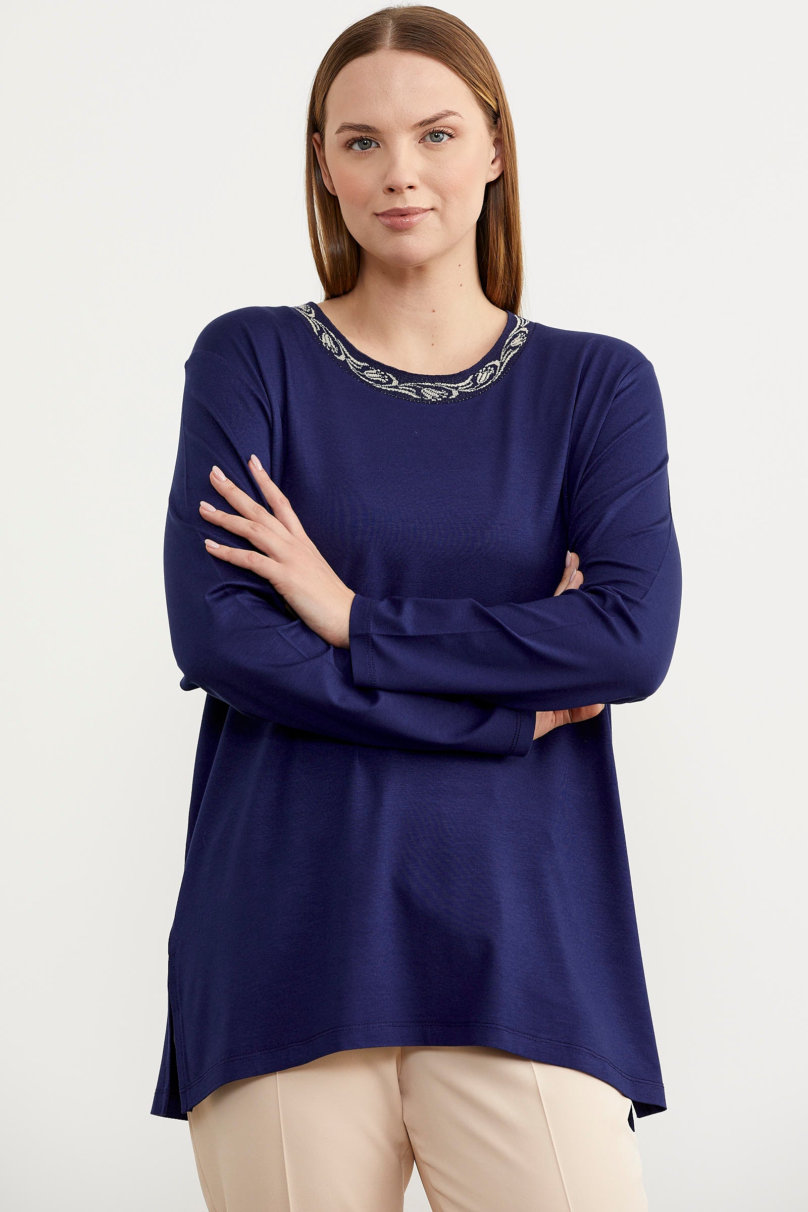 Büyük Beden Uzun Kol Tişört - Indigo (4) Sementa