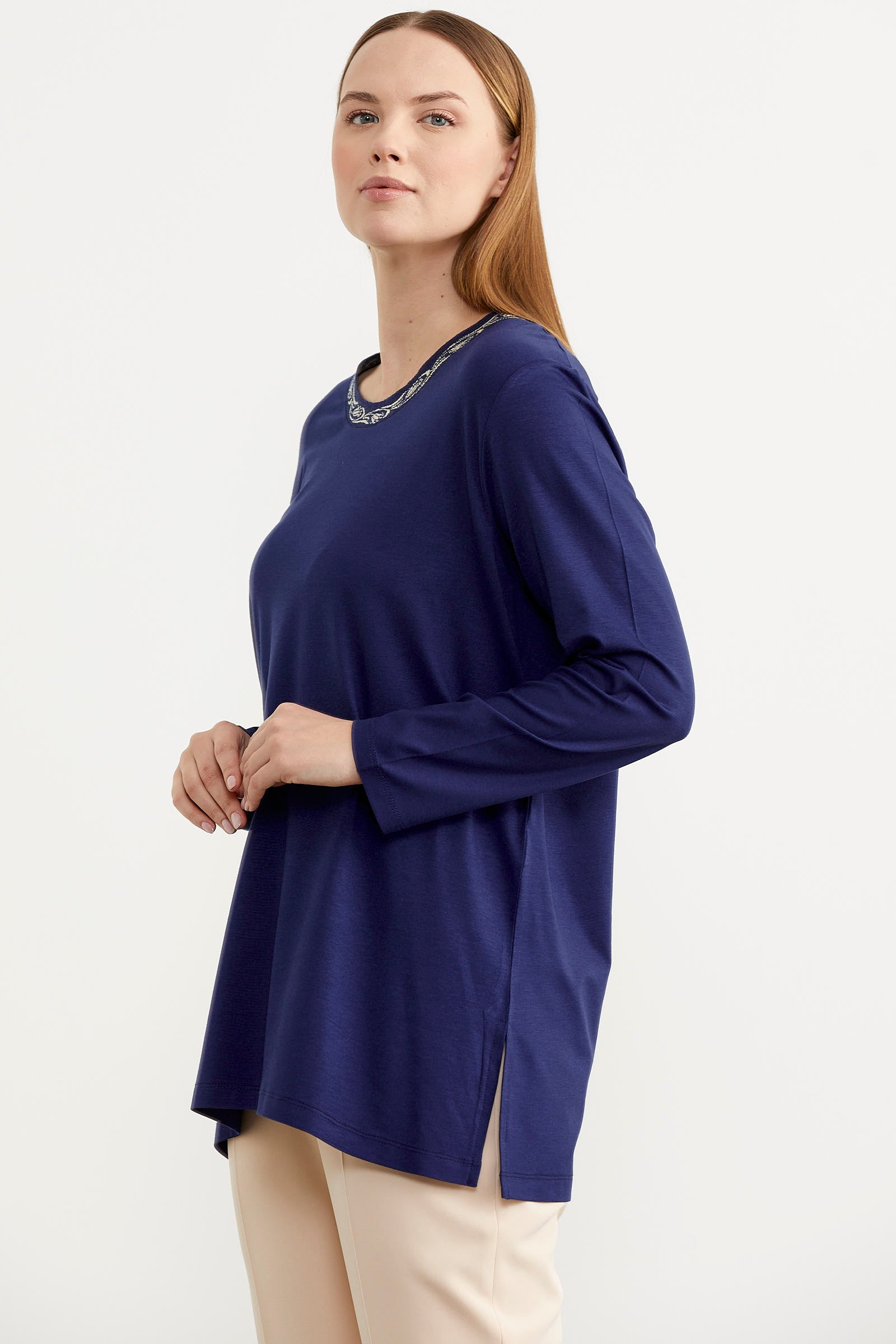 Büyük Beden Uzun Kol Tişört - Indigo (5) Sementa