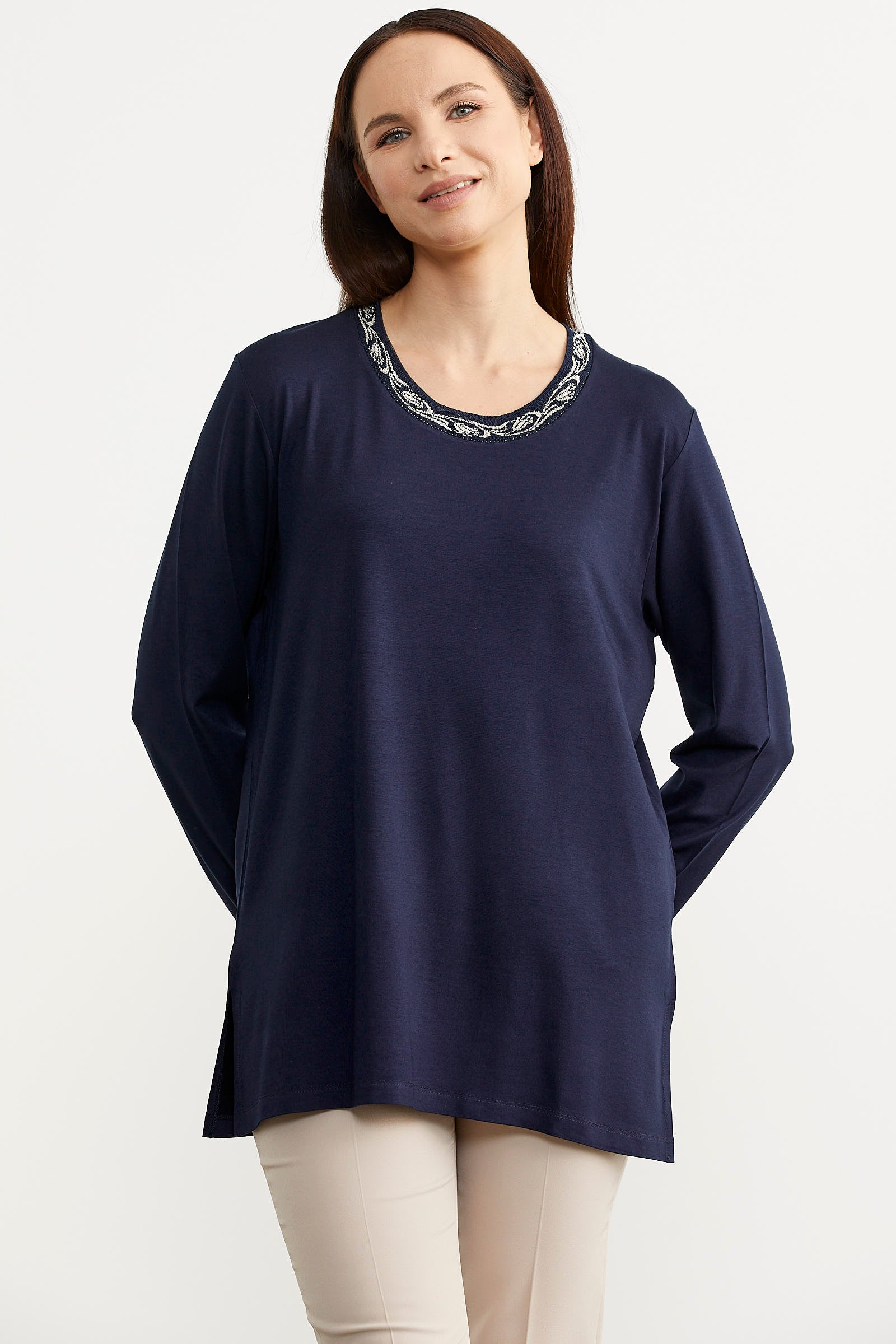 Büyük Beden Uzun Kol Tişört - Lacivert (2) Sementa