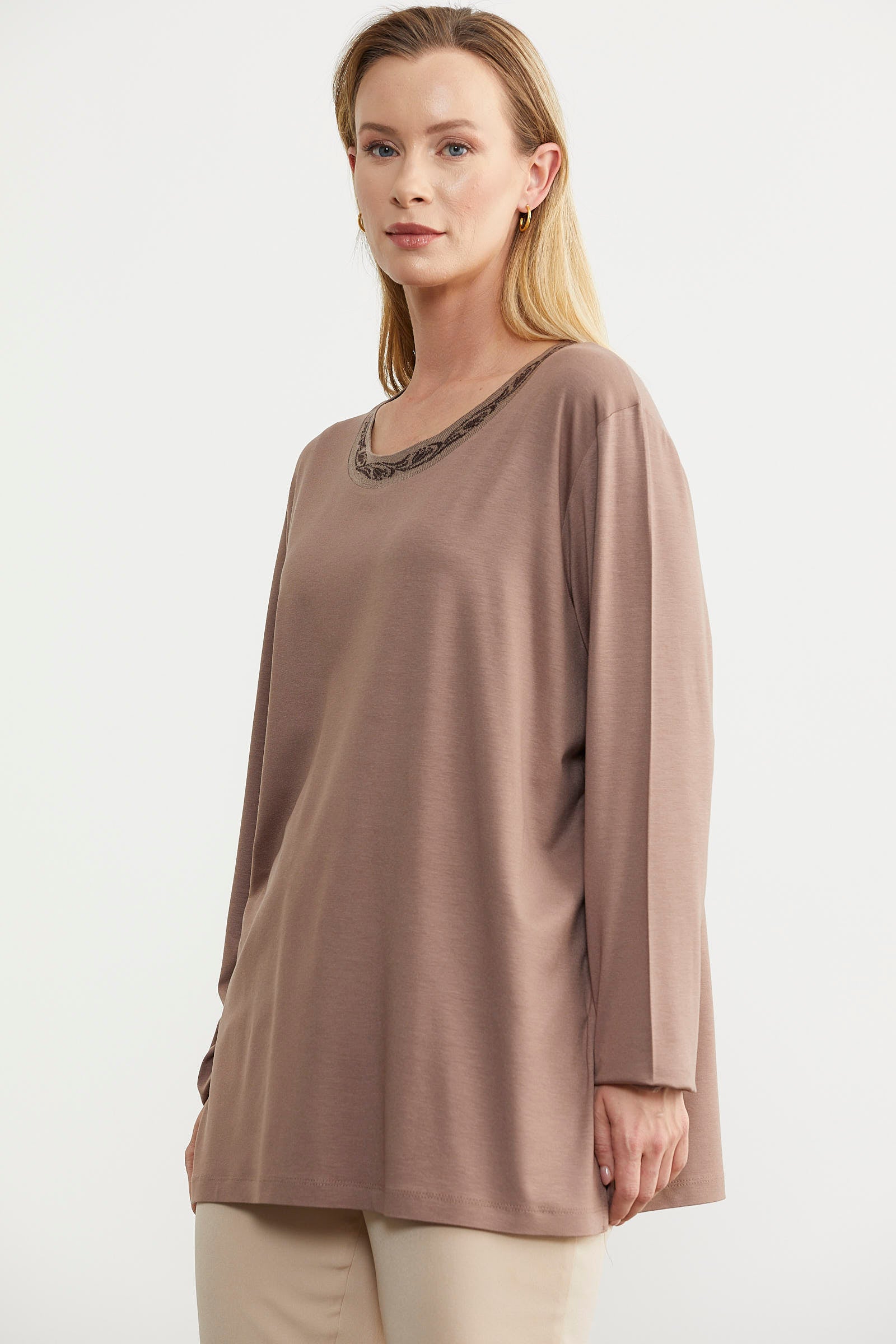 Büyük Beden Uzun Kol Tişört - Vizon (2) Sementa