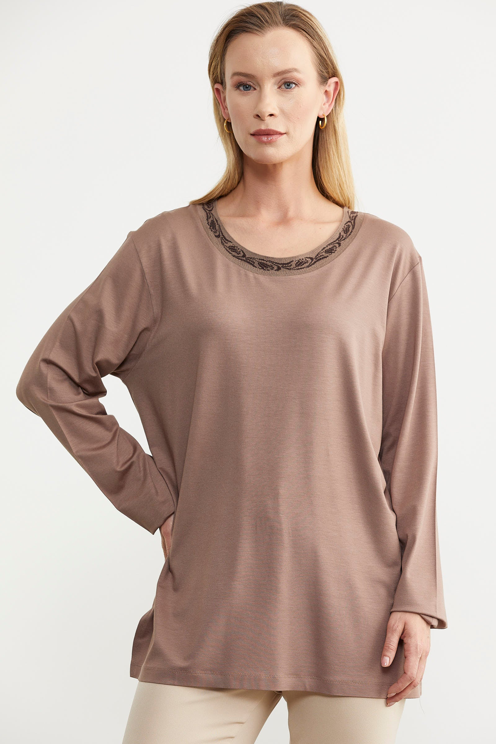 Büyük Beden Uzun Kol Tişört - Vizon (3) Sementa